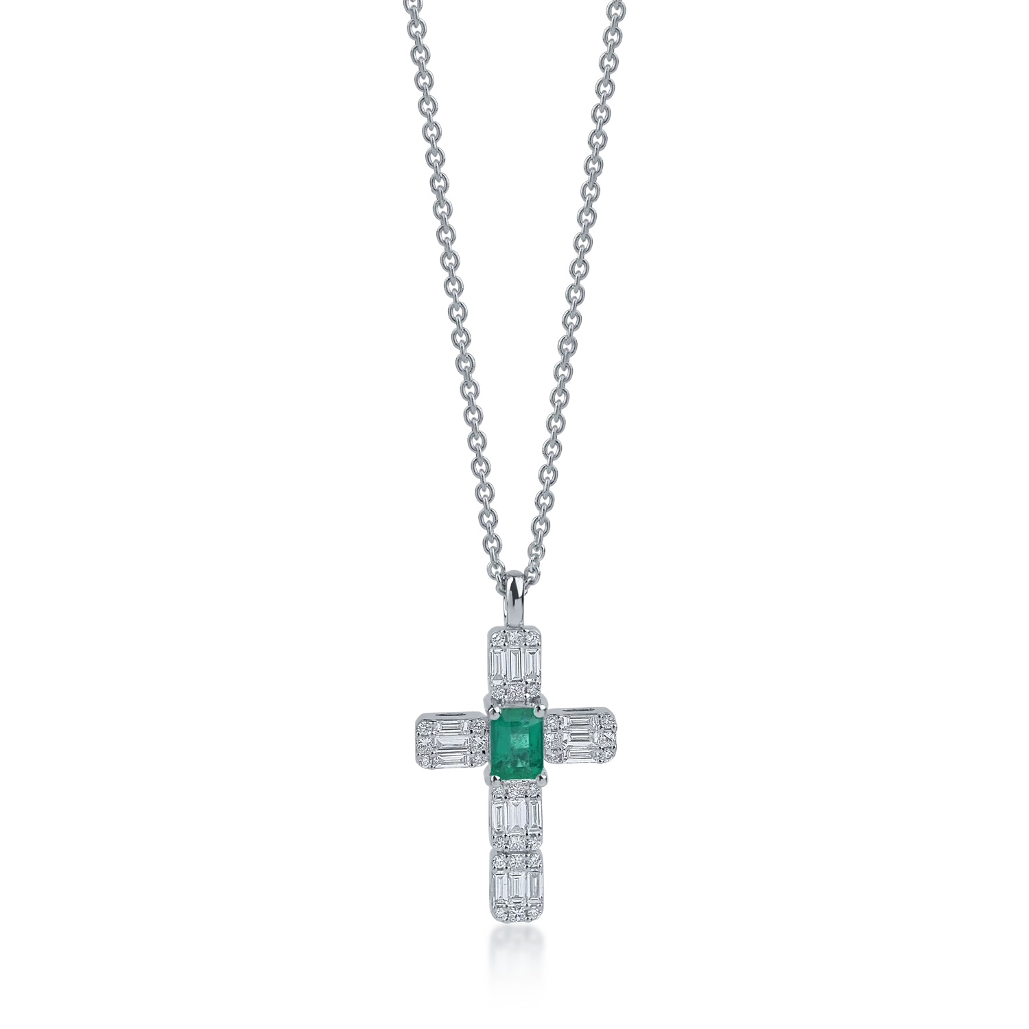 White gold cross pendant necklace with 1.16ct emeralds and diamonds