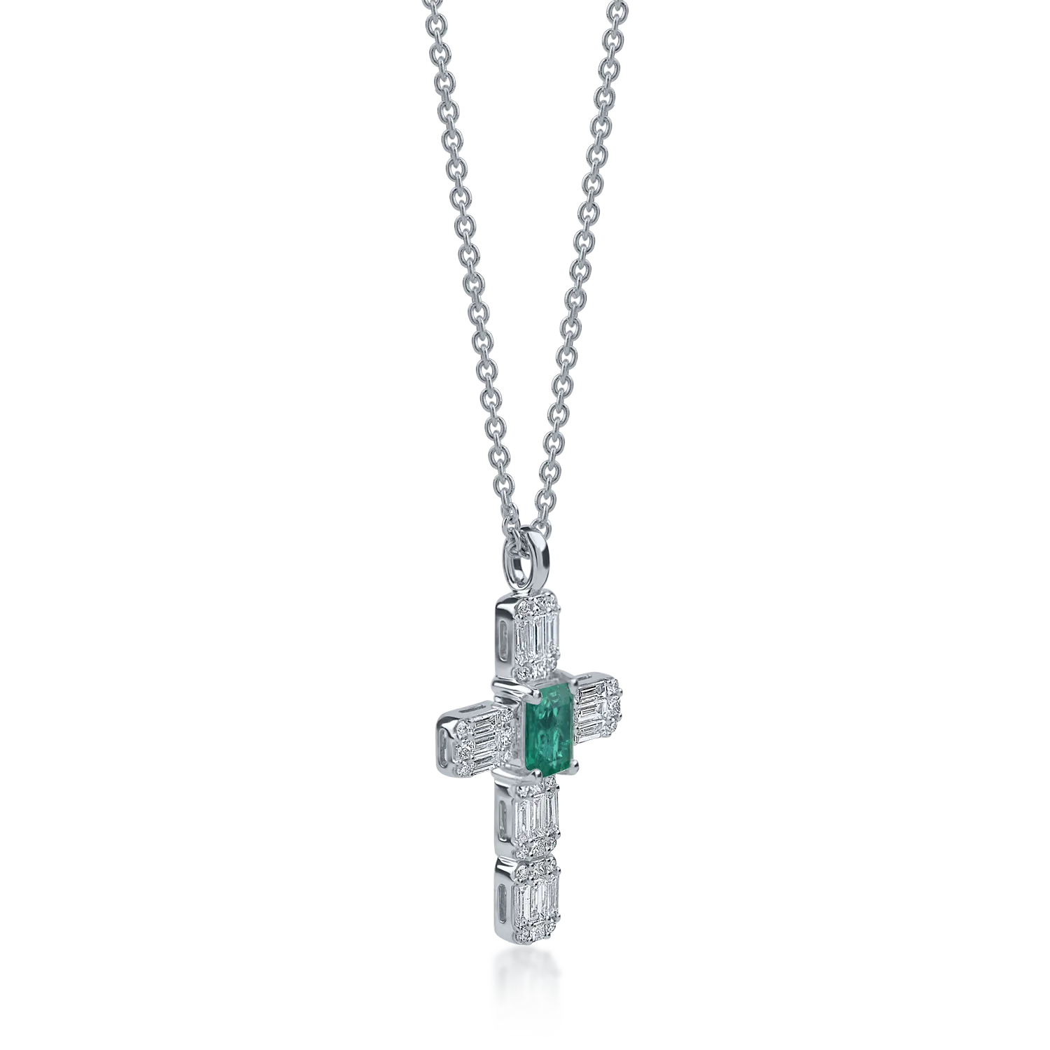 White gold cross pendant necklace with 1.16ct emeralds and diamonds