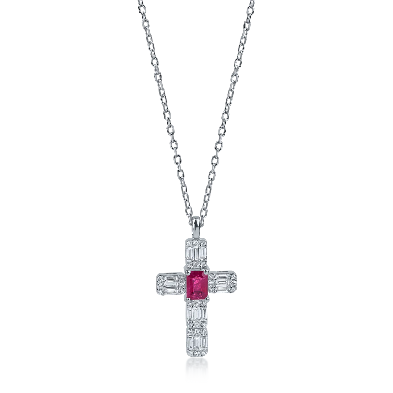 Lant cu pandantiv cruce din aur alb cu rubin baguette si diamante baguette si rotunde de 1.12ct