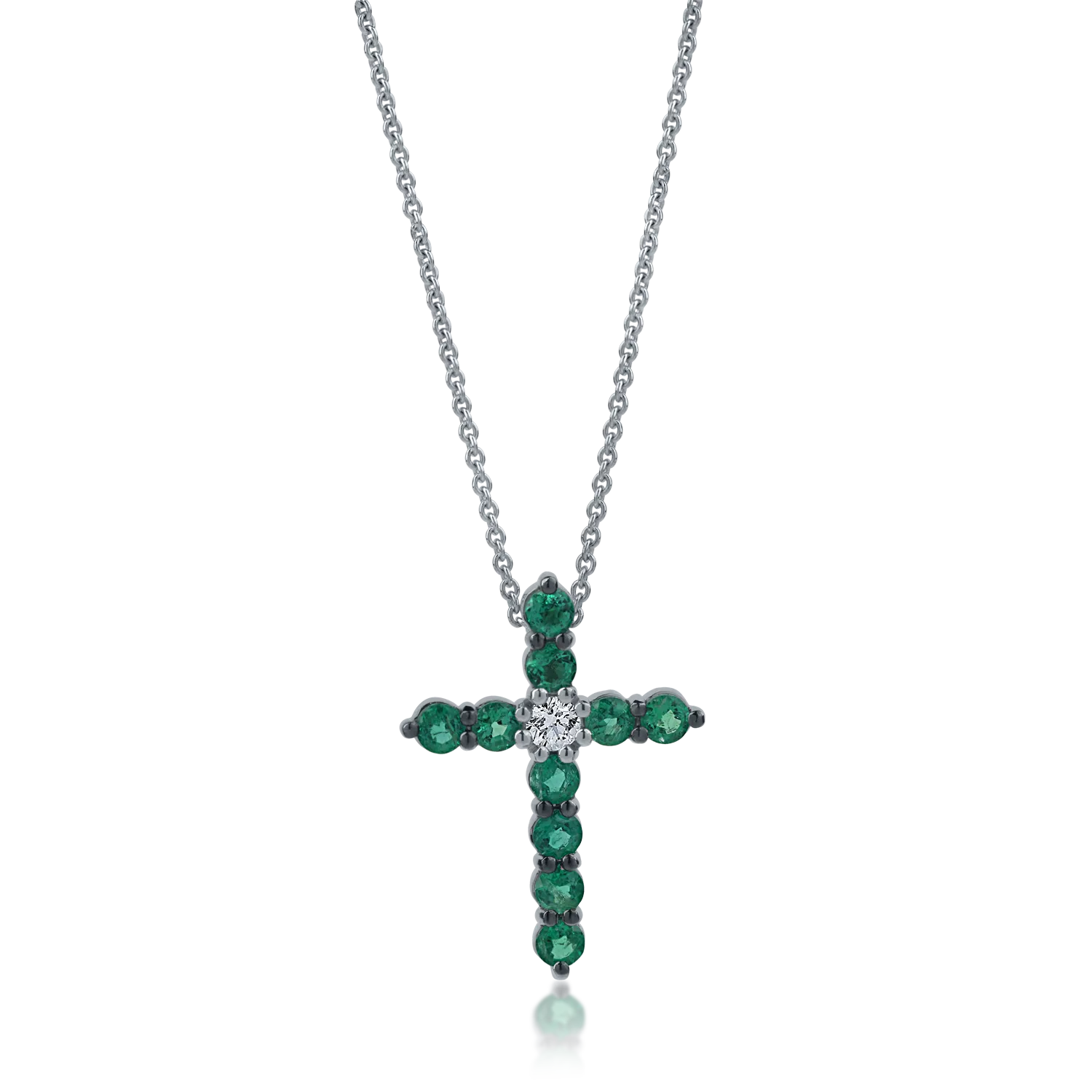 White gold cross pendant necklace with 1.41 ct diamonds and emeralds