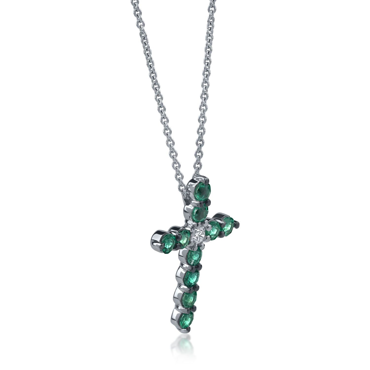 White gold cross pendant necklace with 1.41 ct diamonds and emeralds