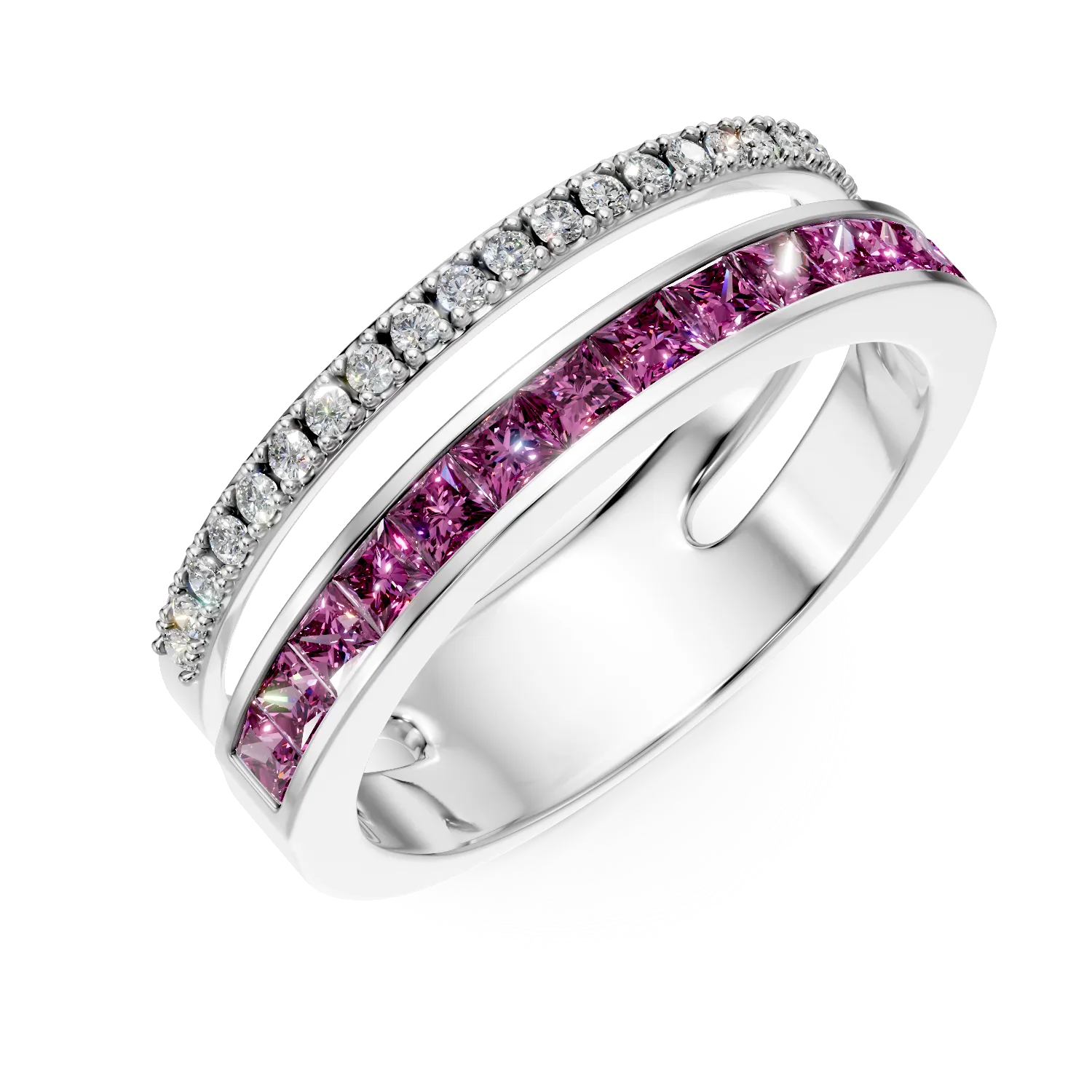 Inel din aur alb cu rubine princess de 0.86ct si diamante de 0.16ct
