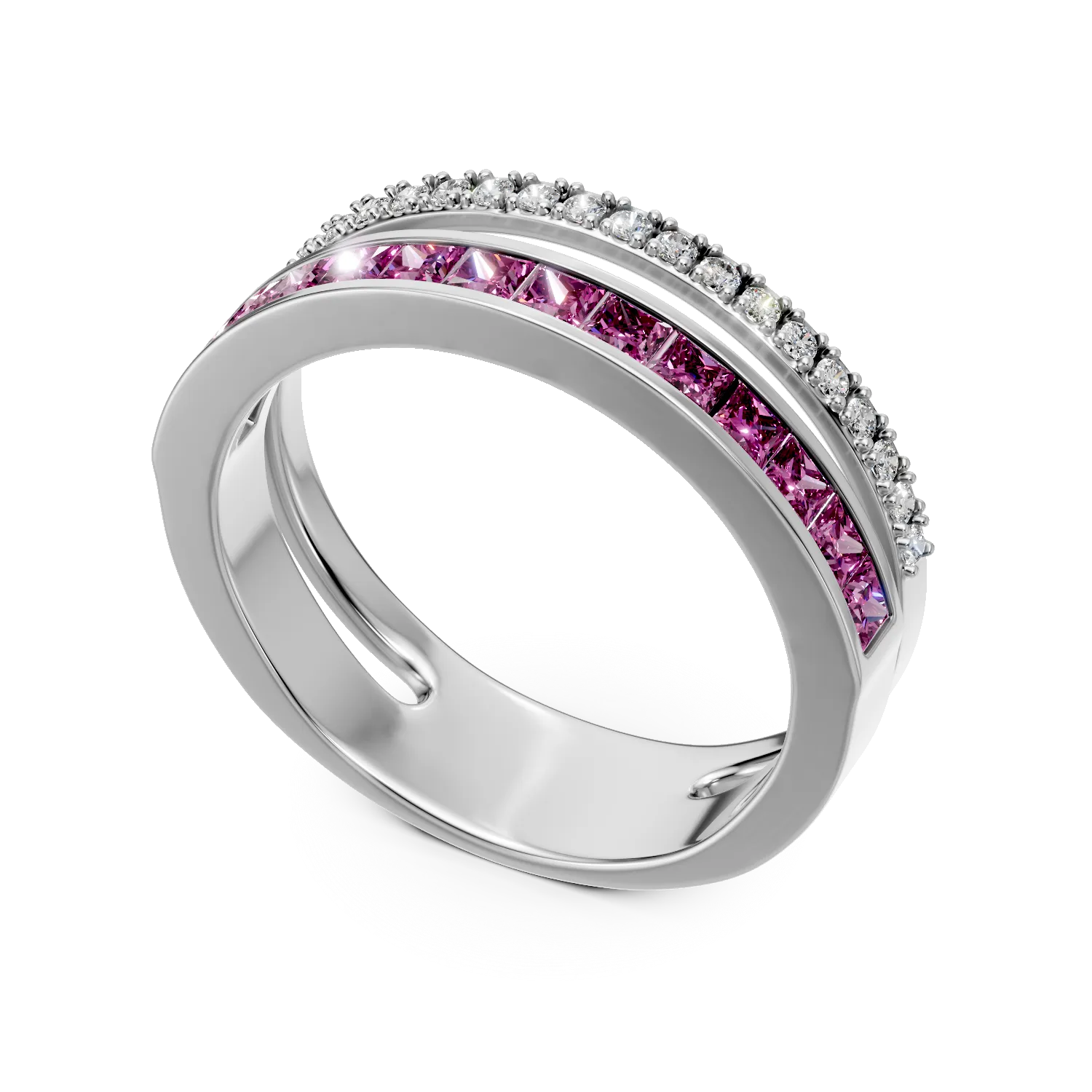 Inel din aur alb cu rubine princess de 0.86ct si diamante de 0.16ct - imagine 2