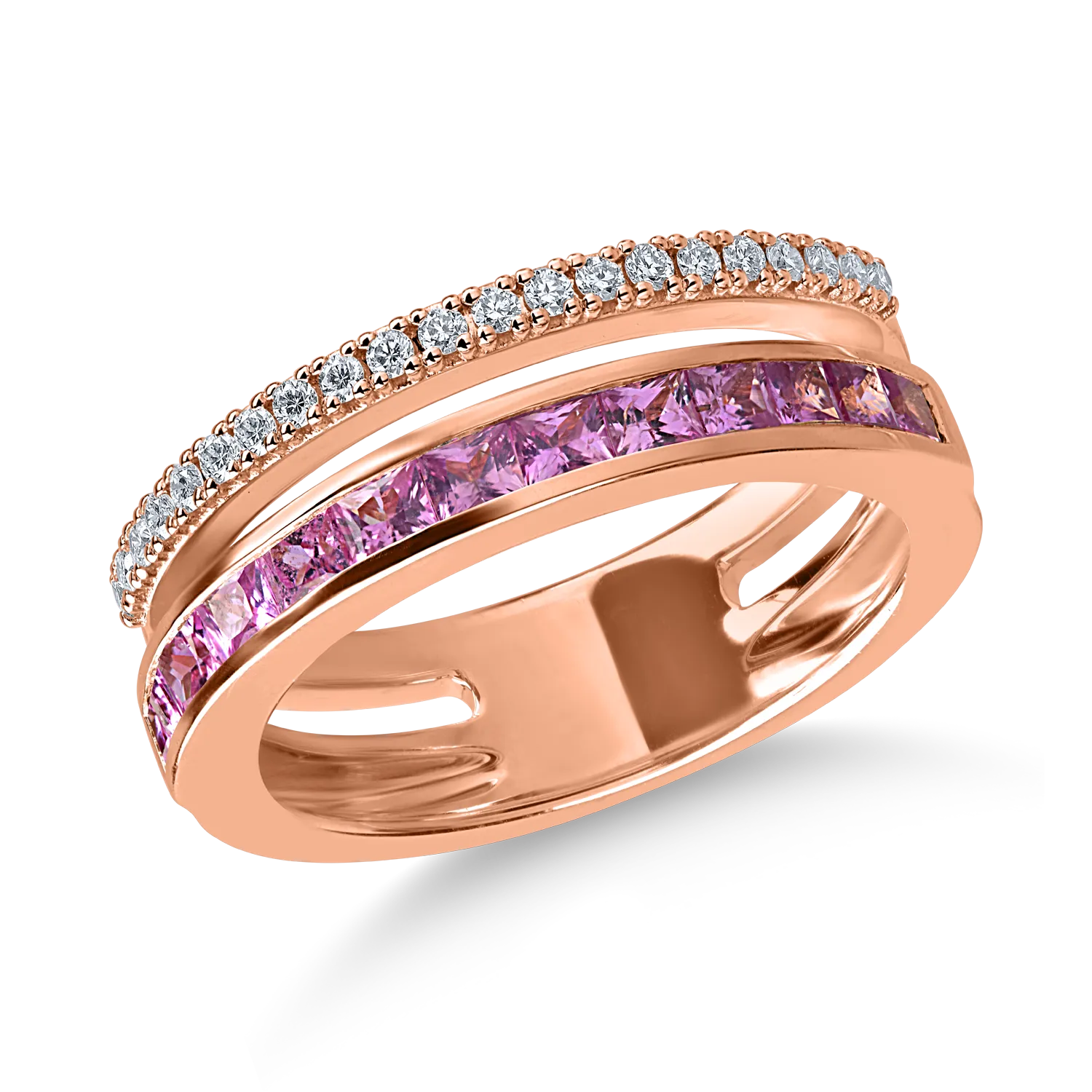 Rose gold ring with 0.7ct pink sapphires and 0.16ct diamonds