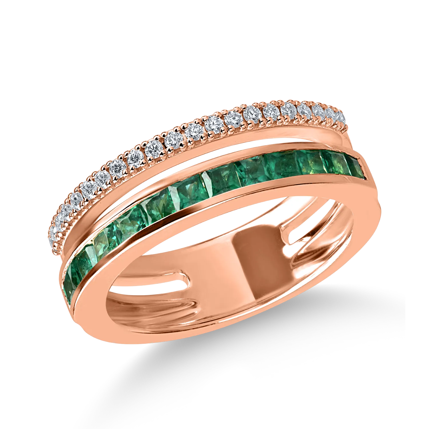 Rose gold ring with 0.6ct emeralds and 0.16ct diamonds