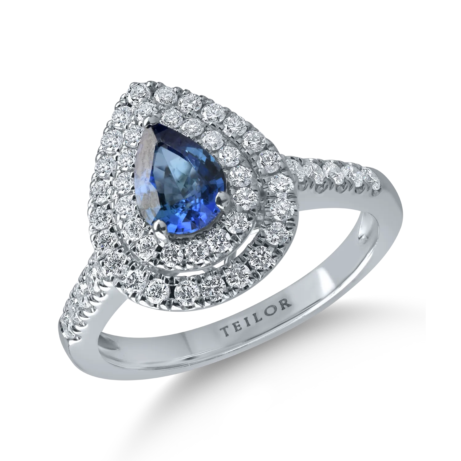 Inel din aur alb cu safir pear de 0.74ct si diamante de 0.55ct