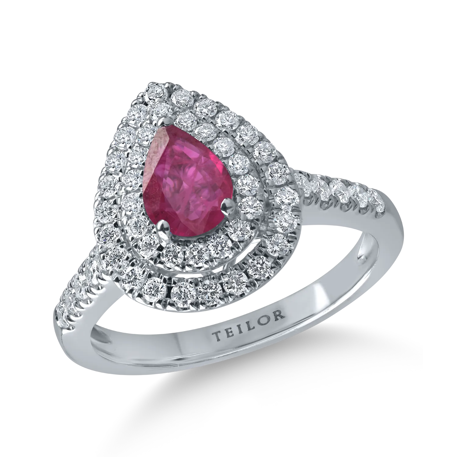 Teilor Inel din aur alb cu rubin pear de 0.68ct si diamante de0.55ct