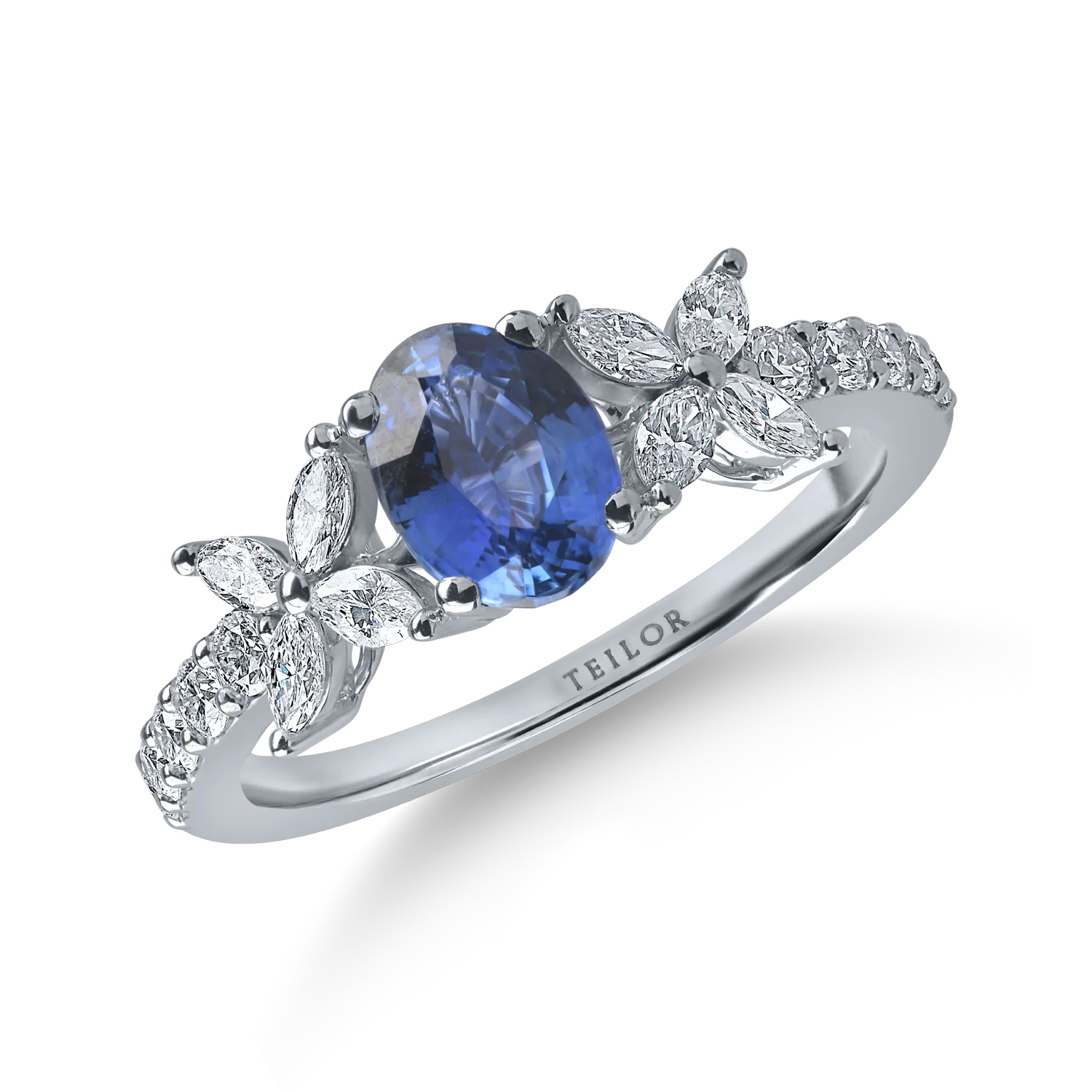 Inel din aur alb cu safir oval de 1.55ct si diamante de 0.5ct