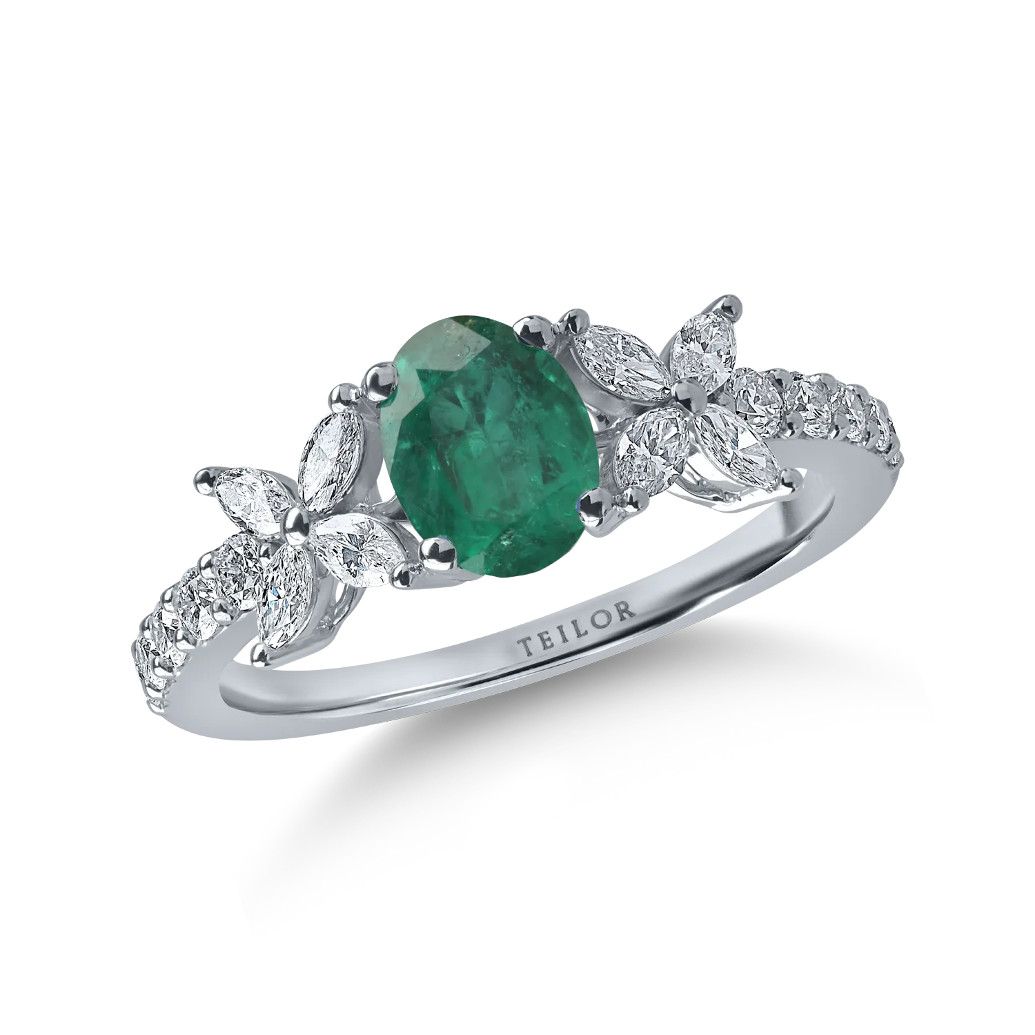 Inel din aur alb cu smarald oval de 0.89ct si diamante de 0.5ct