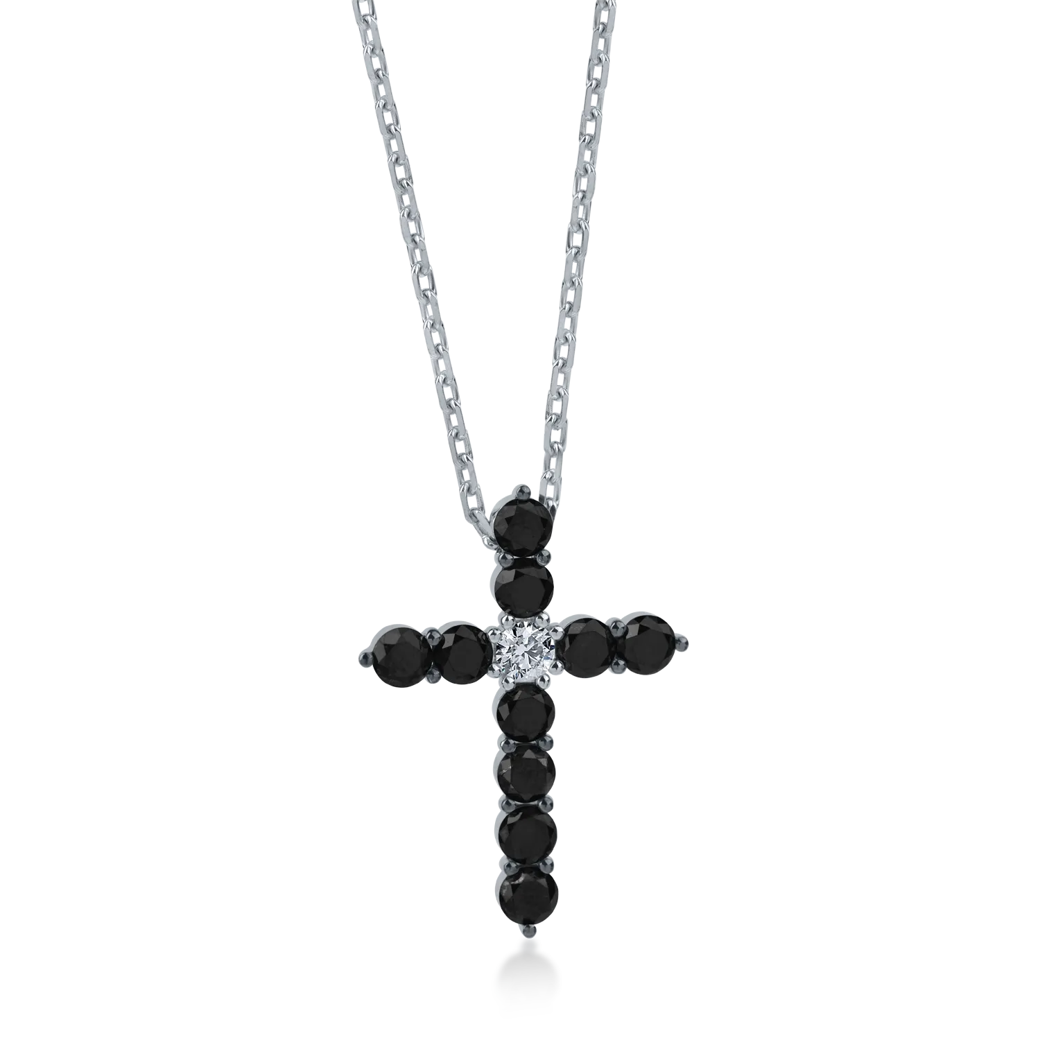 White gold cross pendant necklace with 4.23ct black and clear diamonds