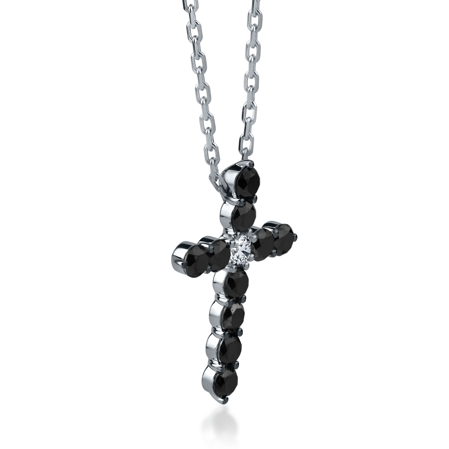 White gold cross pendant necklace with 4.23ct black and clear diamonds