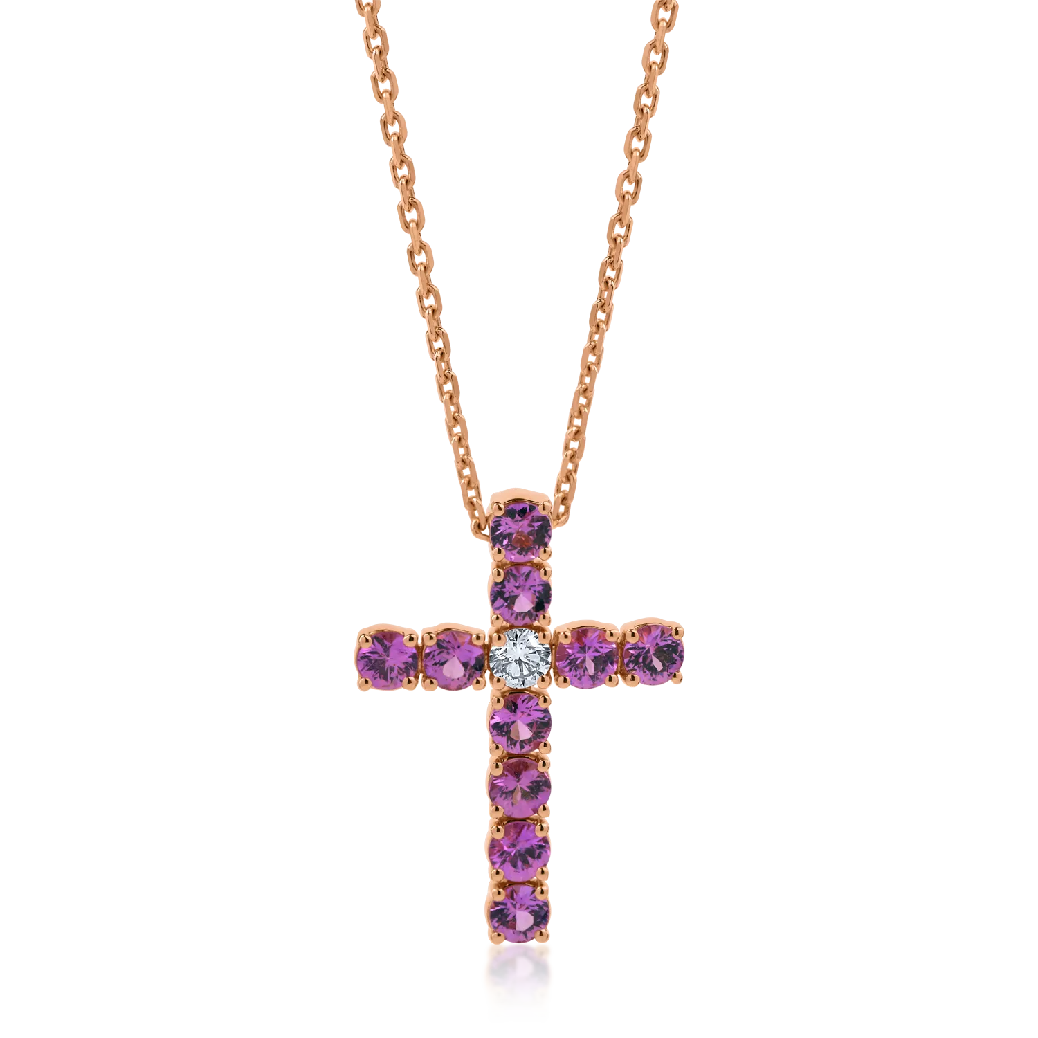 Rose gold cross pendant necklace with 3.31ct pink sapphires and diamonds