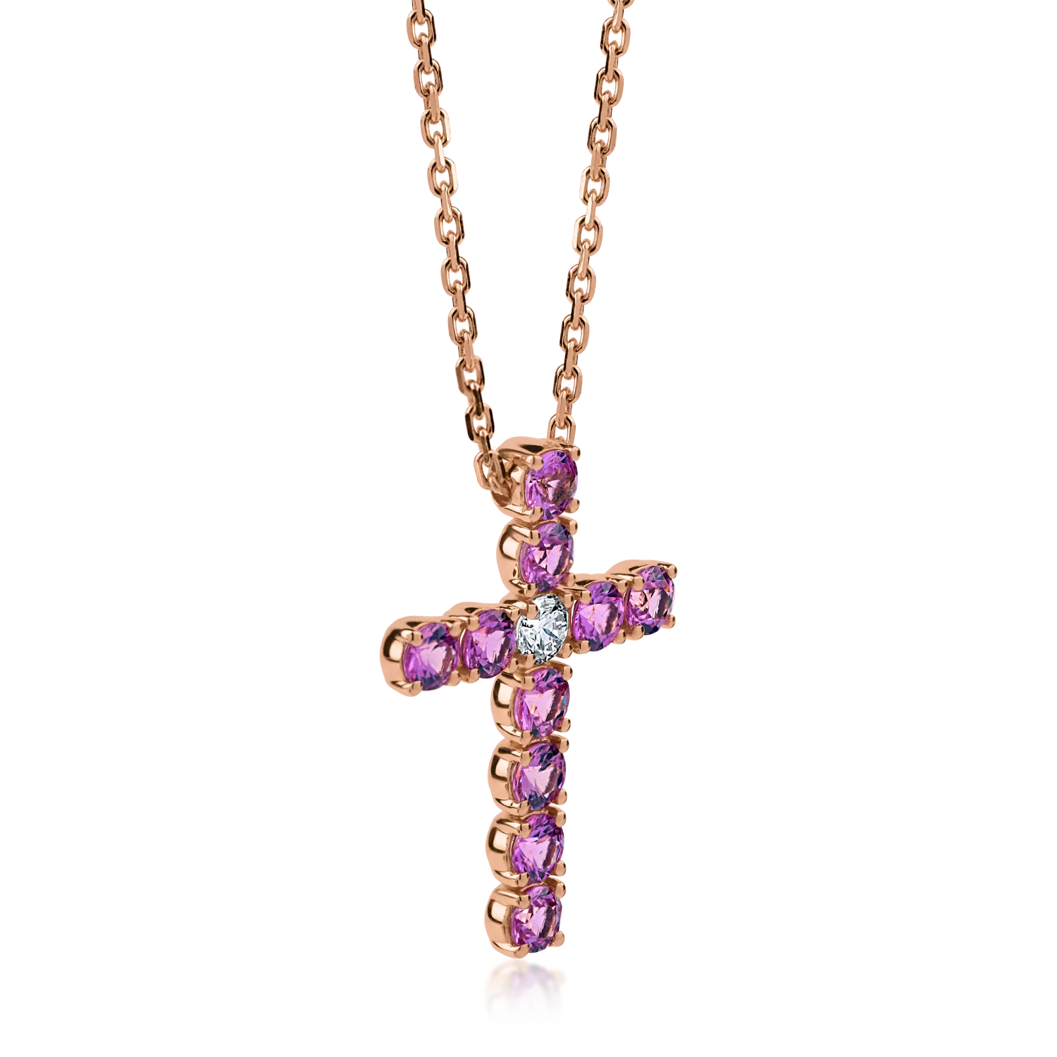 Rose gold cross pendant necklace with 3.31ct pink sapphires and diamonds