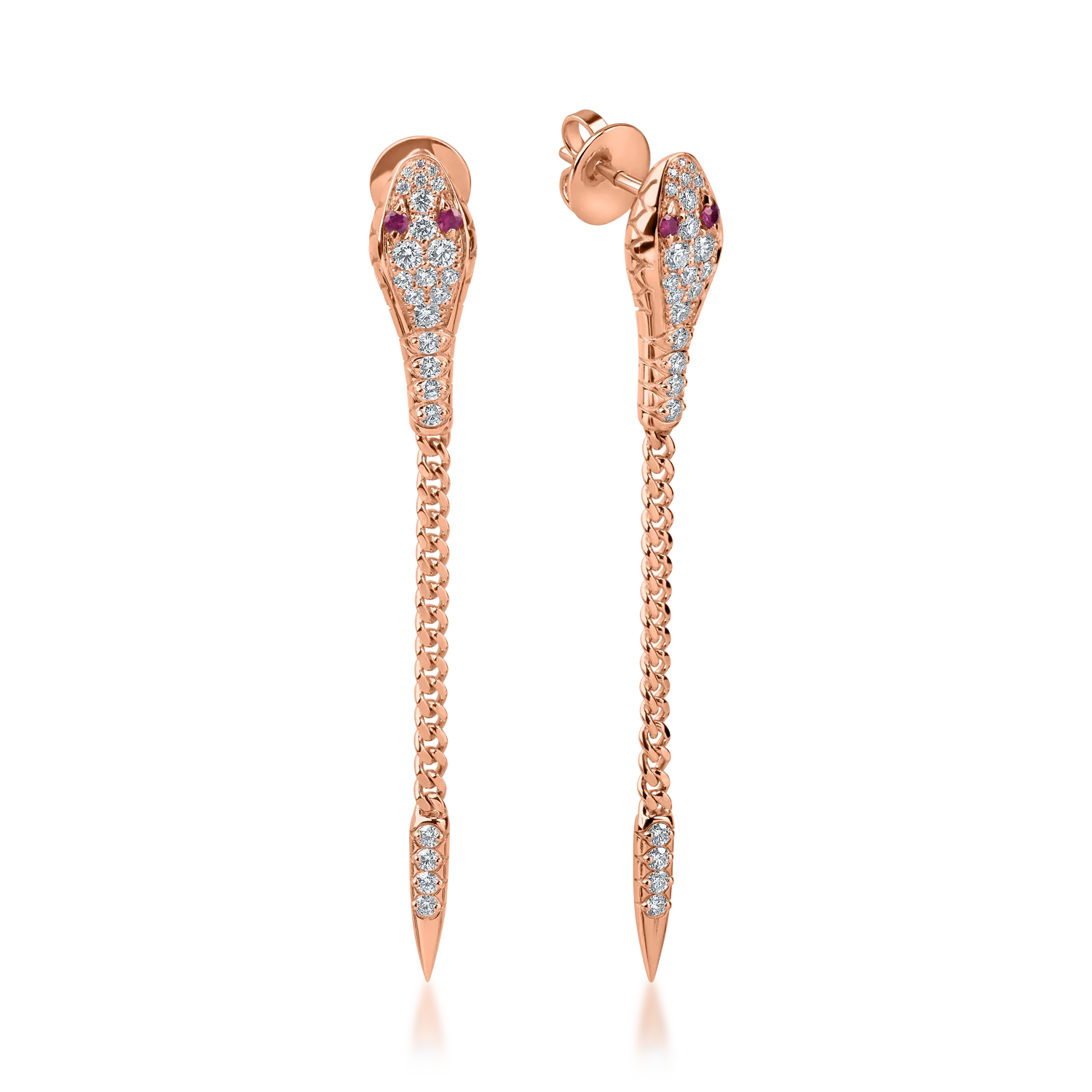 Kolczyki z różowego złota z rubinami o masie 0.14ct i diamentami o masie 1ct