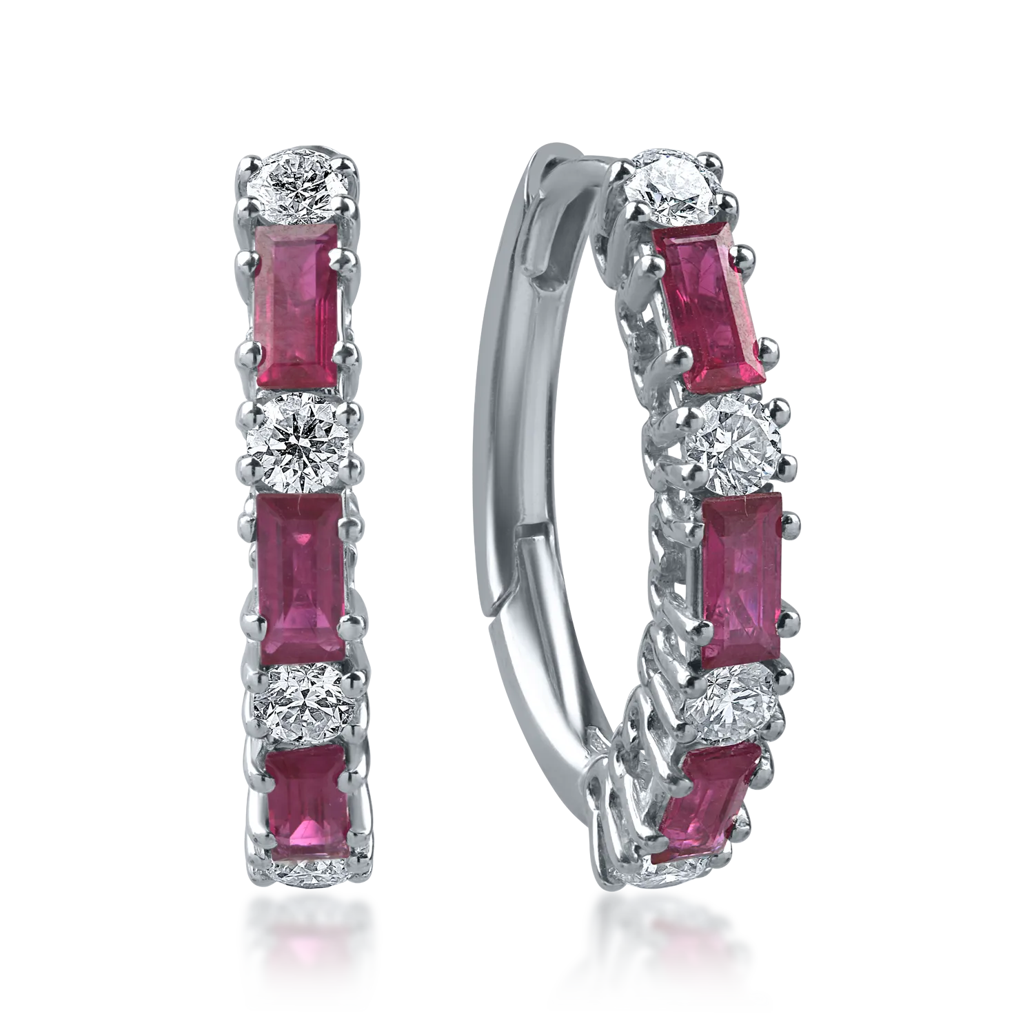 Teilor Cercei din aur alb cu rubine baguette de 0.8ct si diamante rotunde de 0.2ct