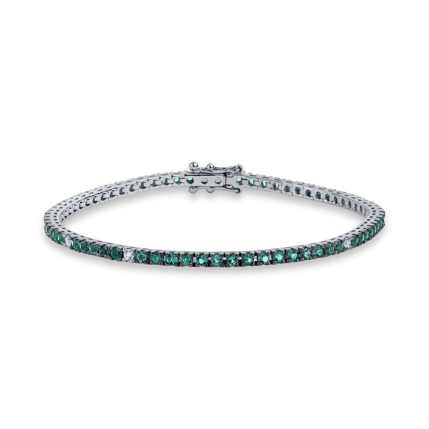 White gold tennis bracelet with 2.05 ct diamonds and emeralds