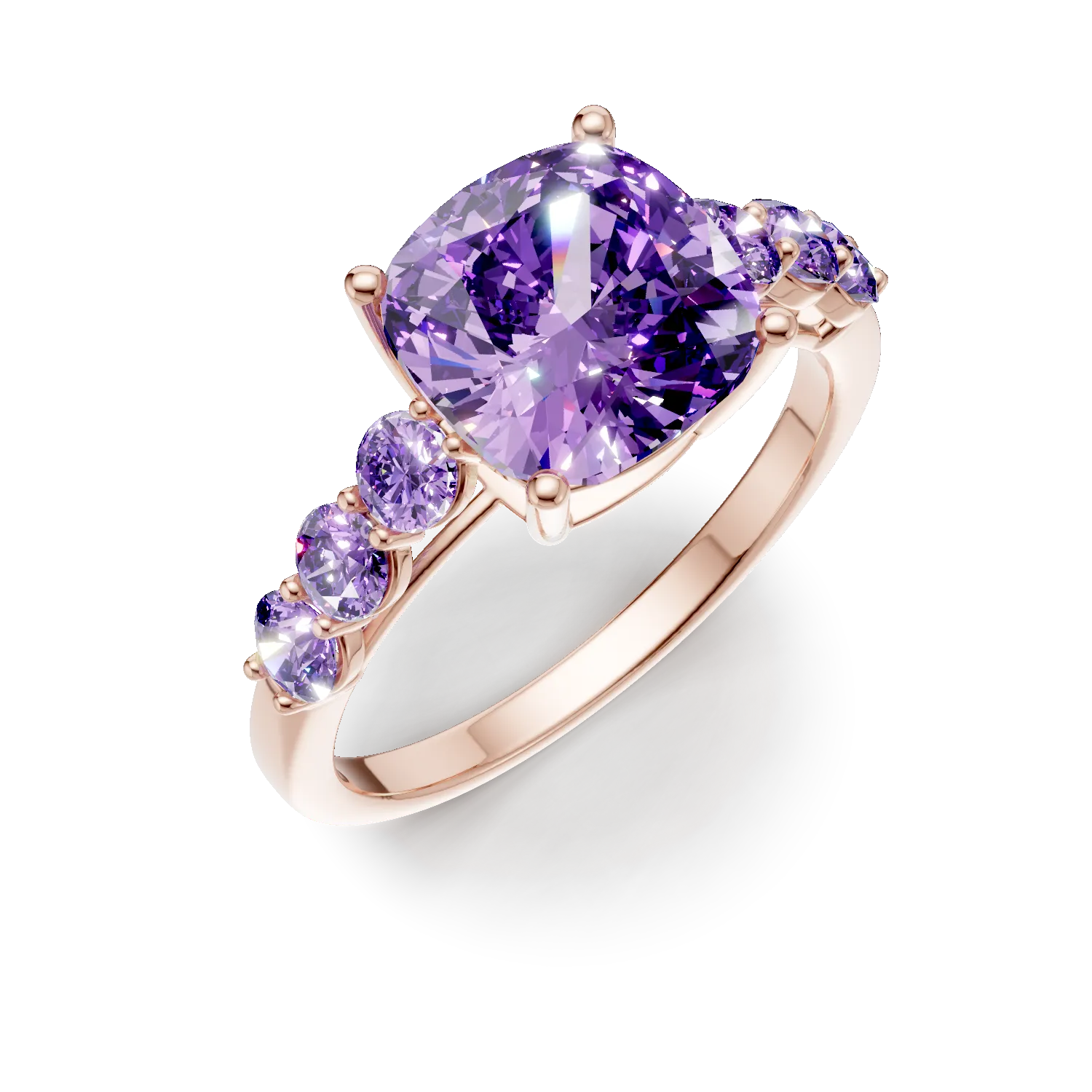Inel din aur roz cu ametiste cushion si rotunde de 3.5ct