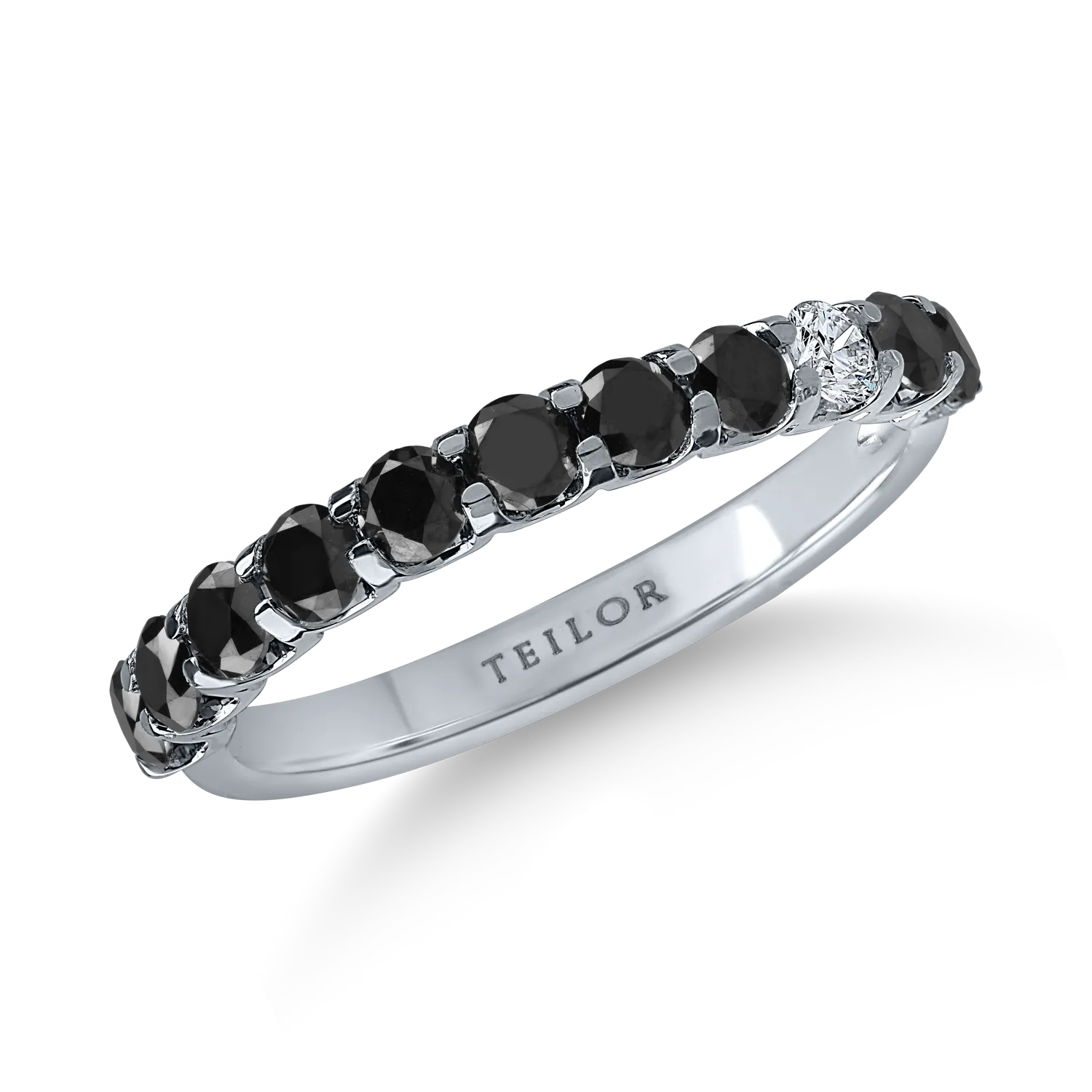 Inel semi eternity din aur alb cu diamante negre si incolore de 0.97ct