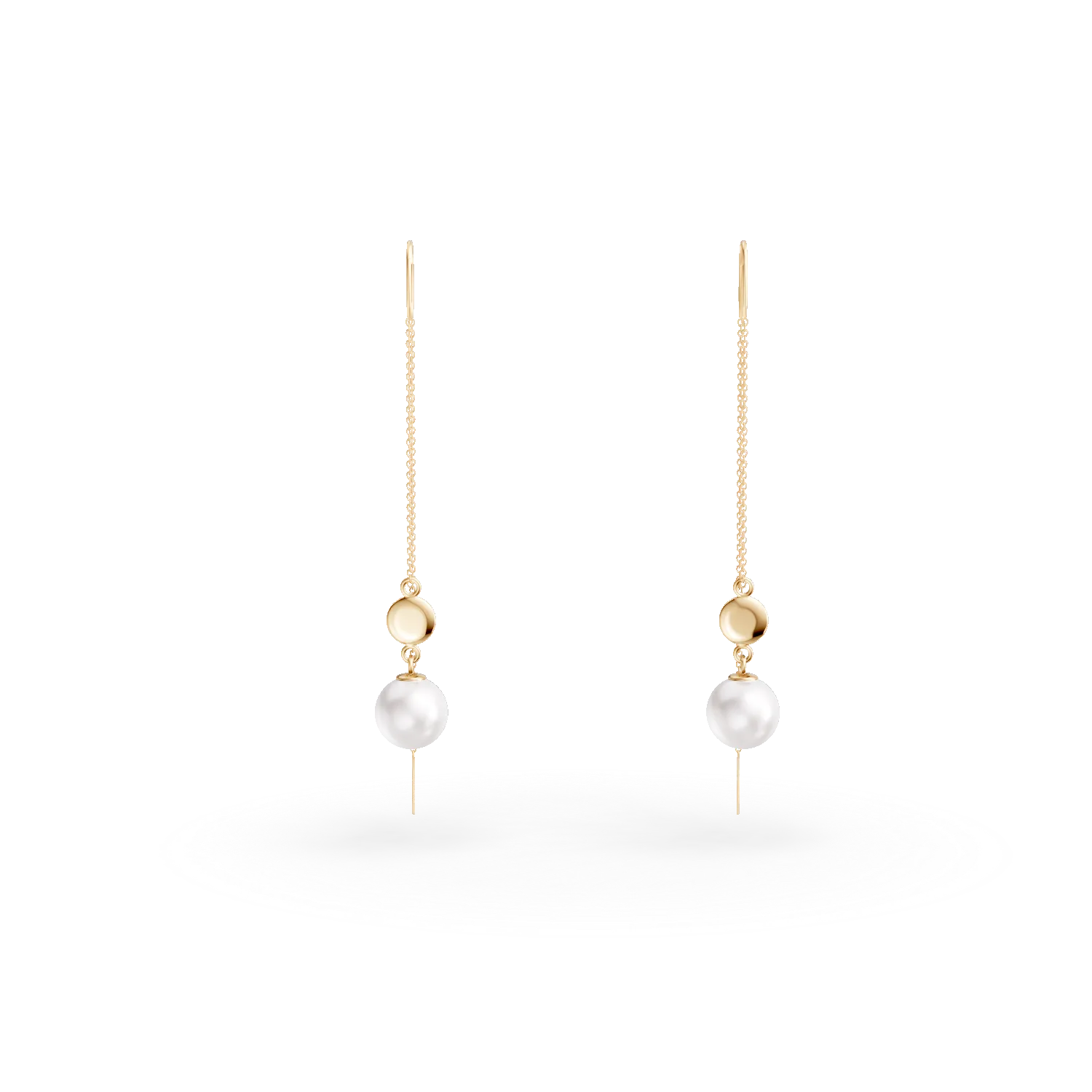 Yellow gold long earrings with 0.9ct fresh water pearls