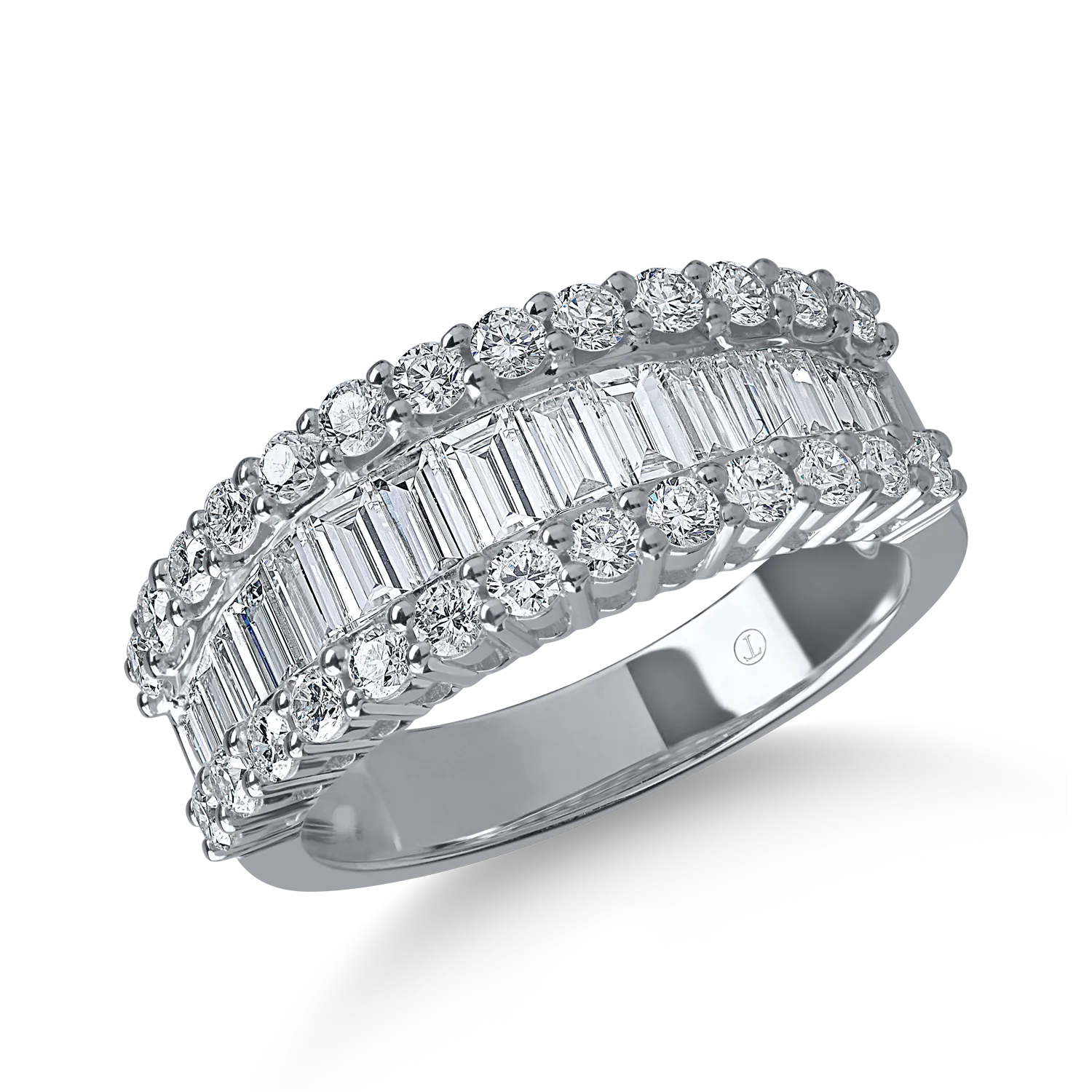 Inel din aur alb cu diamante microsetting baguette si rotunde de 1.7ct