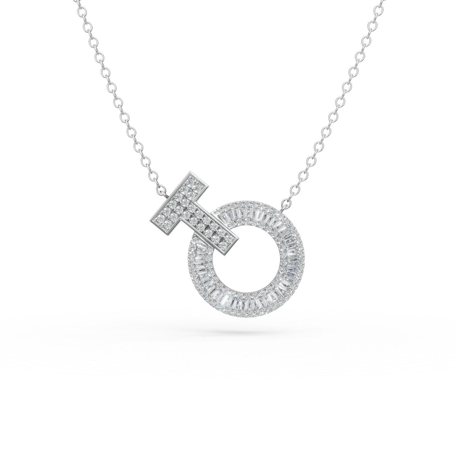 Lant cu pandantiv cerc din aur alb cu diamante baguette si rotunde de 0.6ct