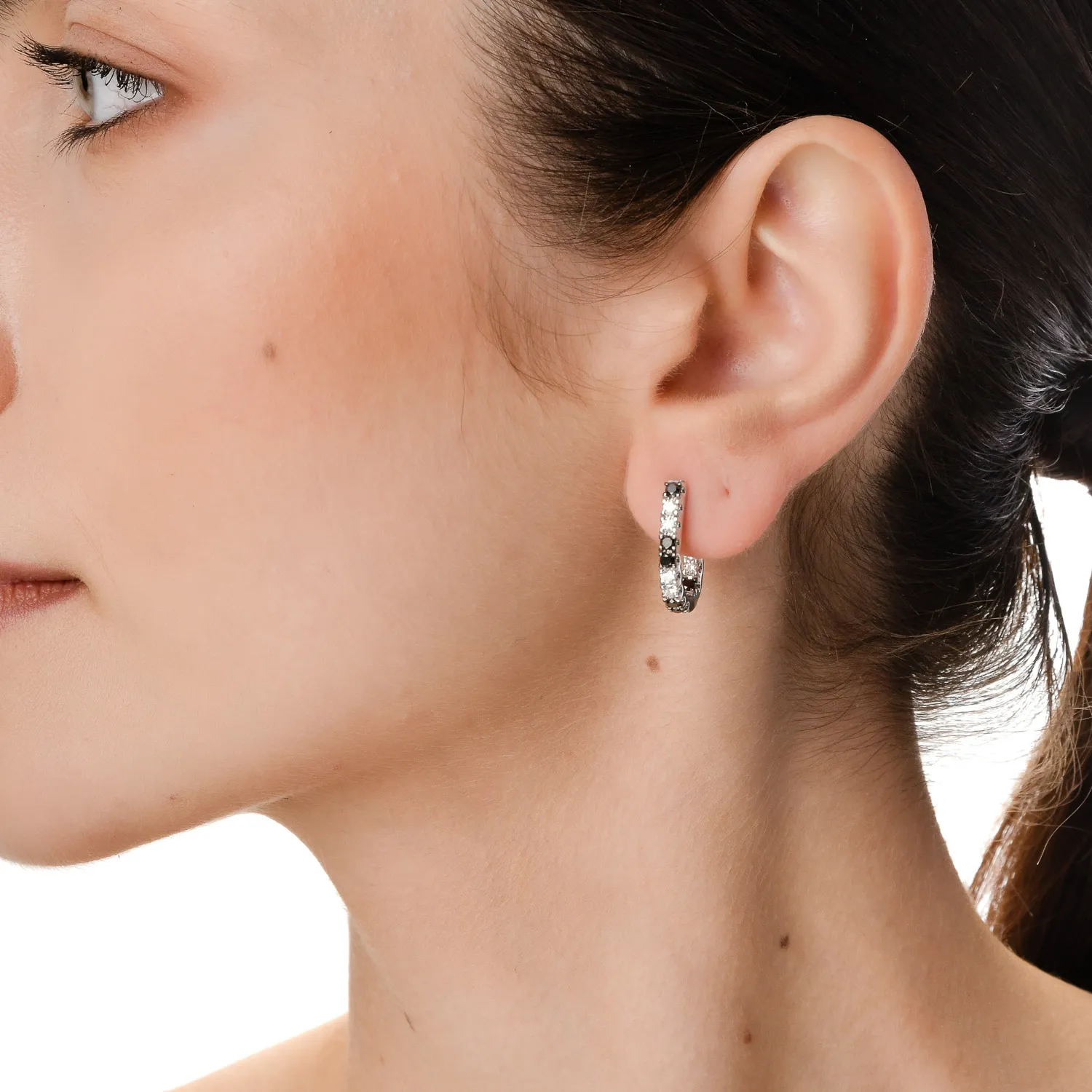 White gold minimalist earrings with 1.2ct black and clear diamonds