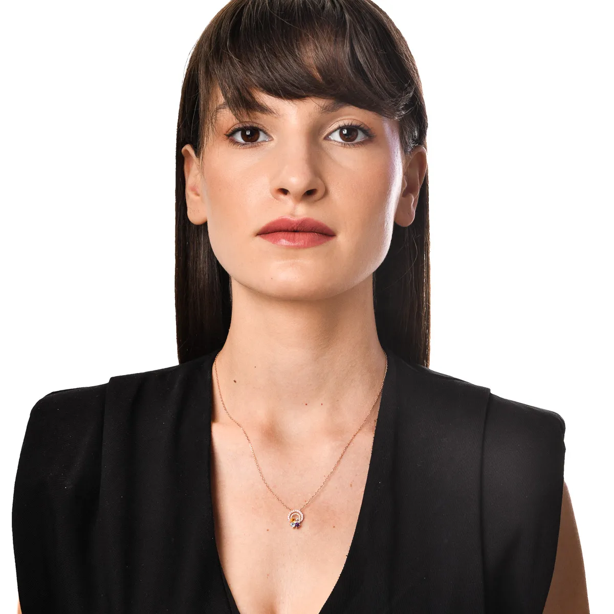 Lant cu pandantiv floare din aur roz cu pietre pretioase si semipretioase de 0.7ct