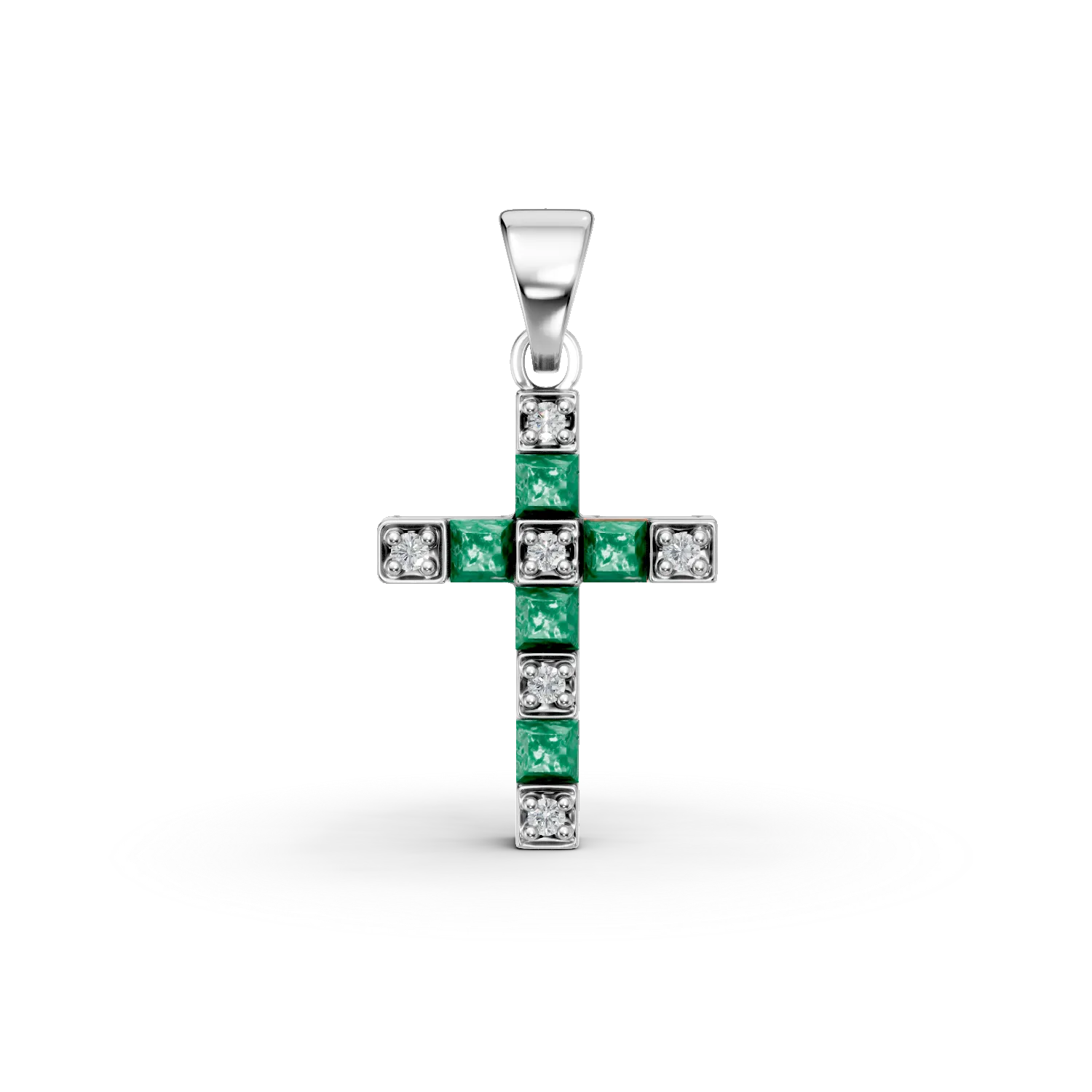 Pandantiv cruciulita din aur alb cu smaralde rectangulare de 0.2ct si diamante de 0.04ct