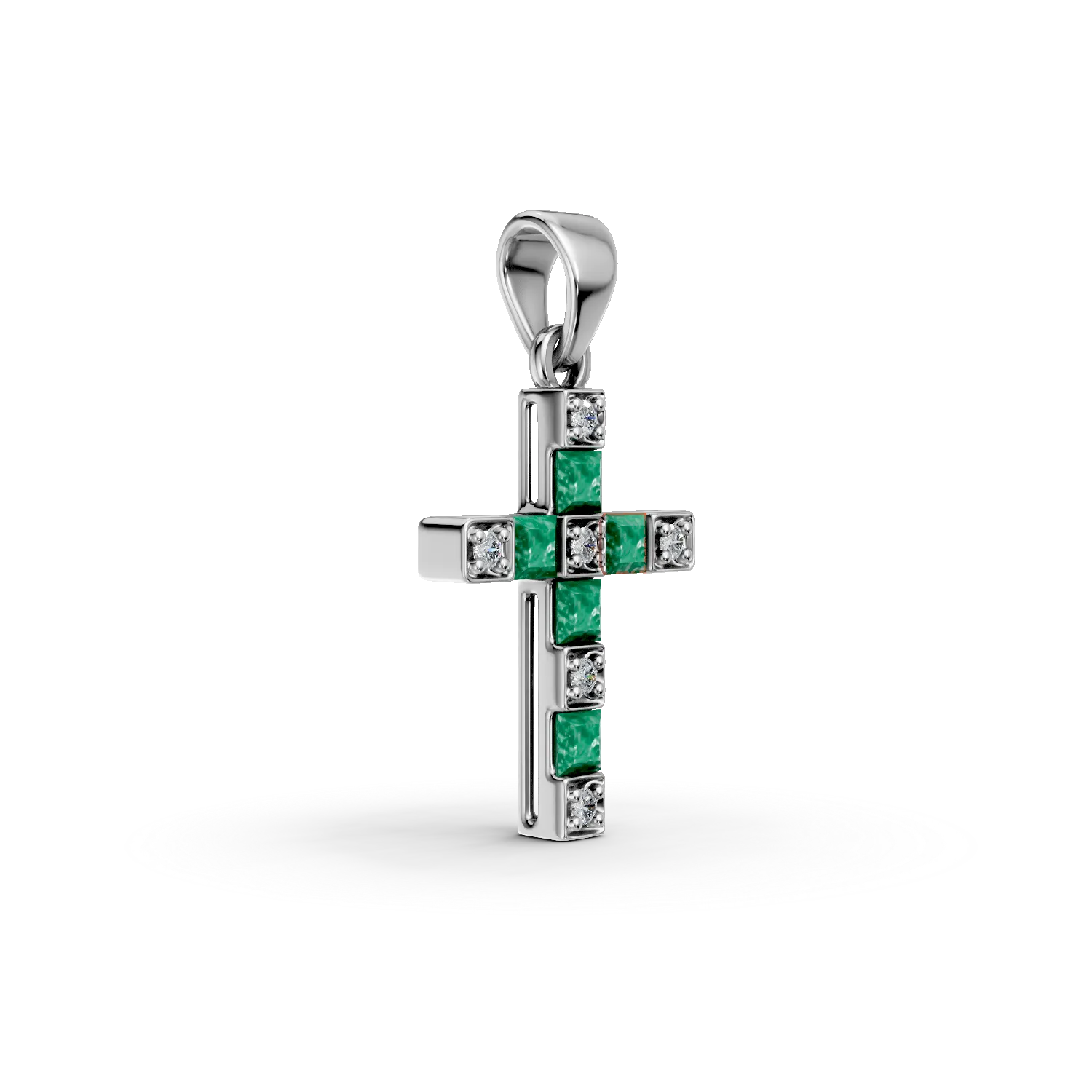 White gold cross pendant with 0.2ct emeralds and 0.04ct diamonds