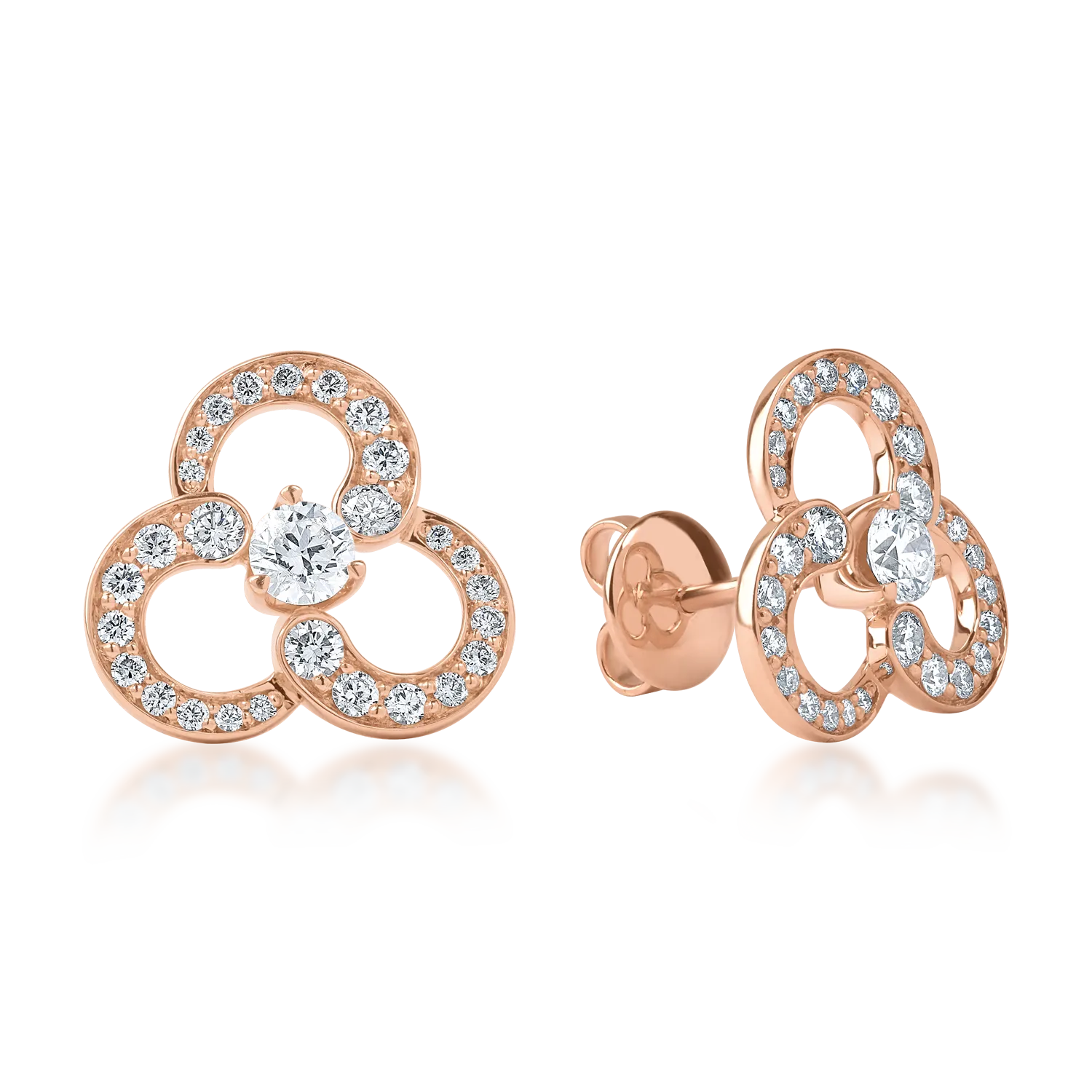 Rózsarany virágos fülbevaló 0.9ct gyémántokkal