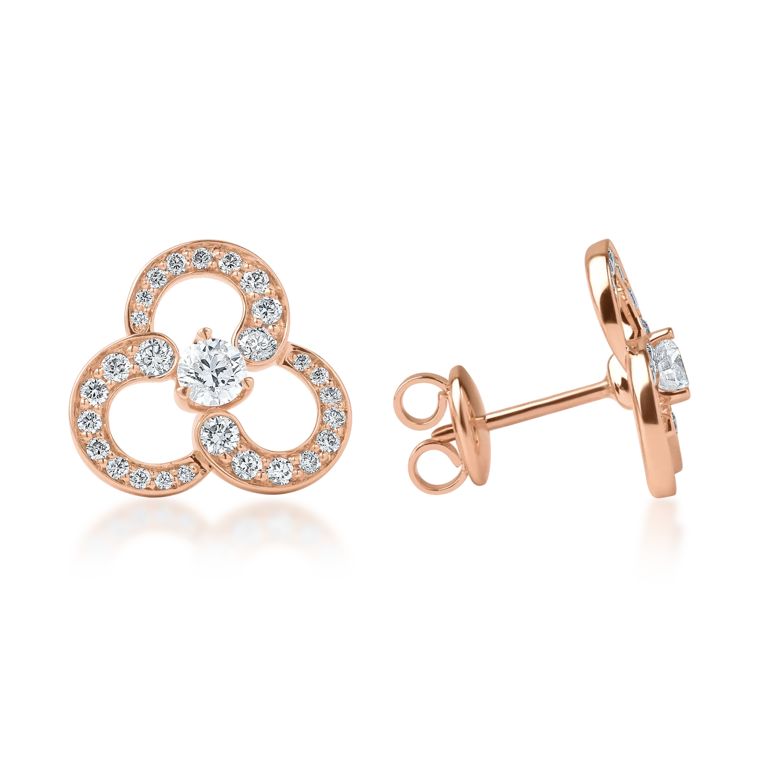 Rózsarany virágos fülbevaló 0.9ct gyémántokkal