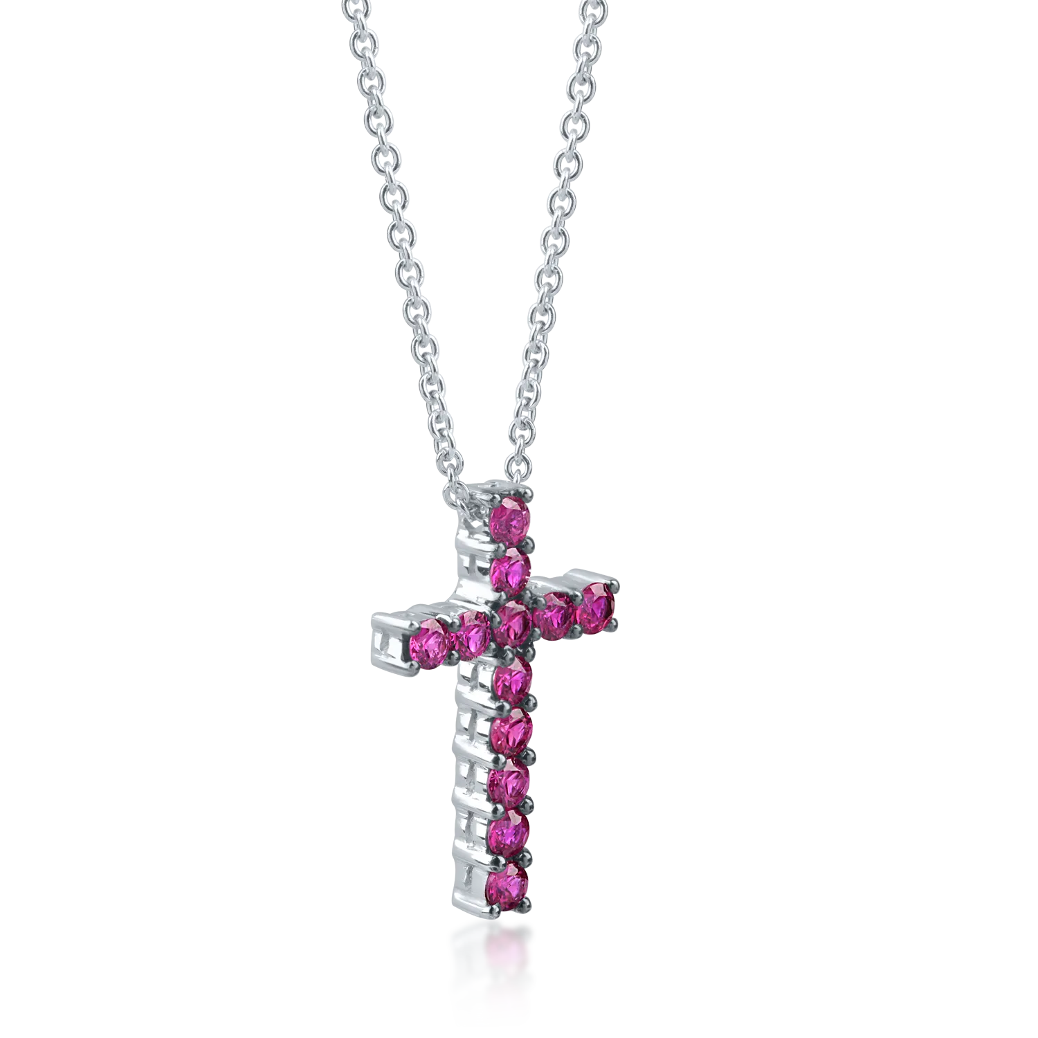 Lant cu pandantiv cruciulita din aur alb cu rubine de 0.8ct