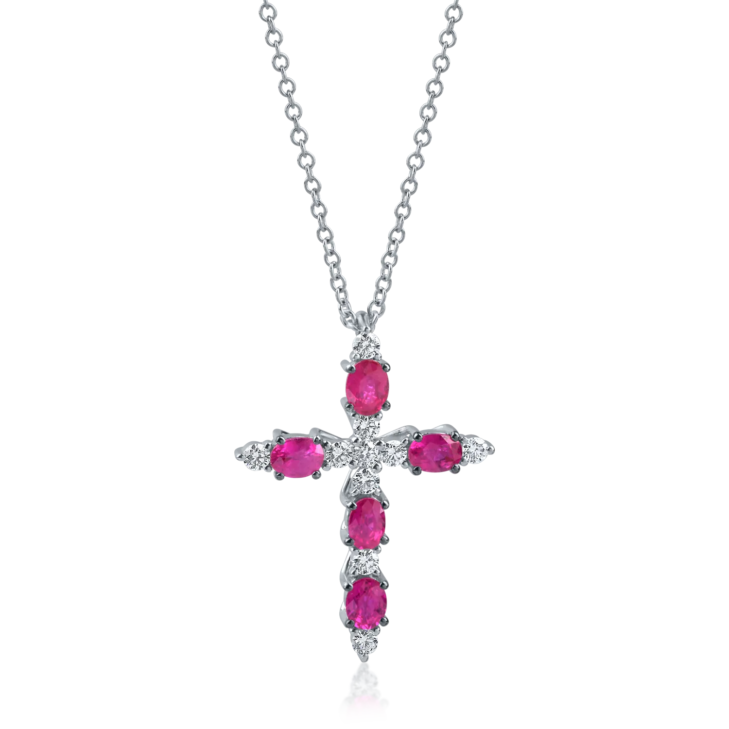 Lant cu pandantiv cruciulita din aur alb cu rubine de 1.1ct si diamante de 0.2ct