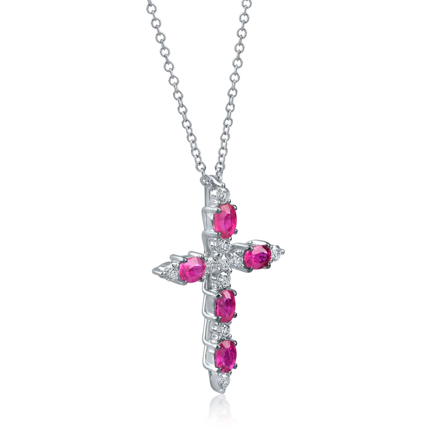 Lant cu pandantiv cruciulita din aur alb cu rubine de 1.1ct si diamante de 0.2ct