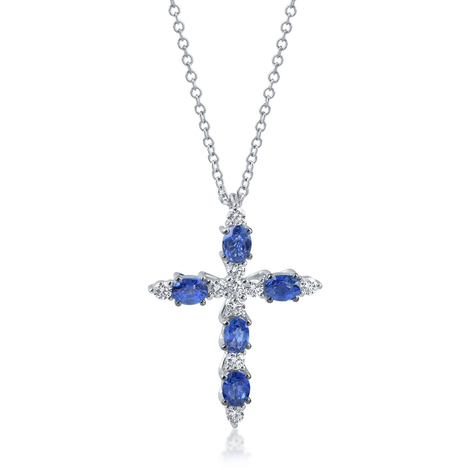 Lant cu pandantiv cruciulita din aur alb cu safiree de 1.1ct si diamante de 0.2ct