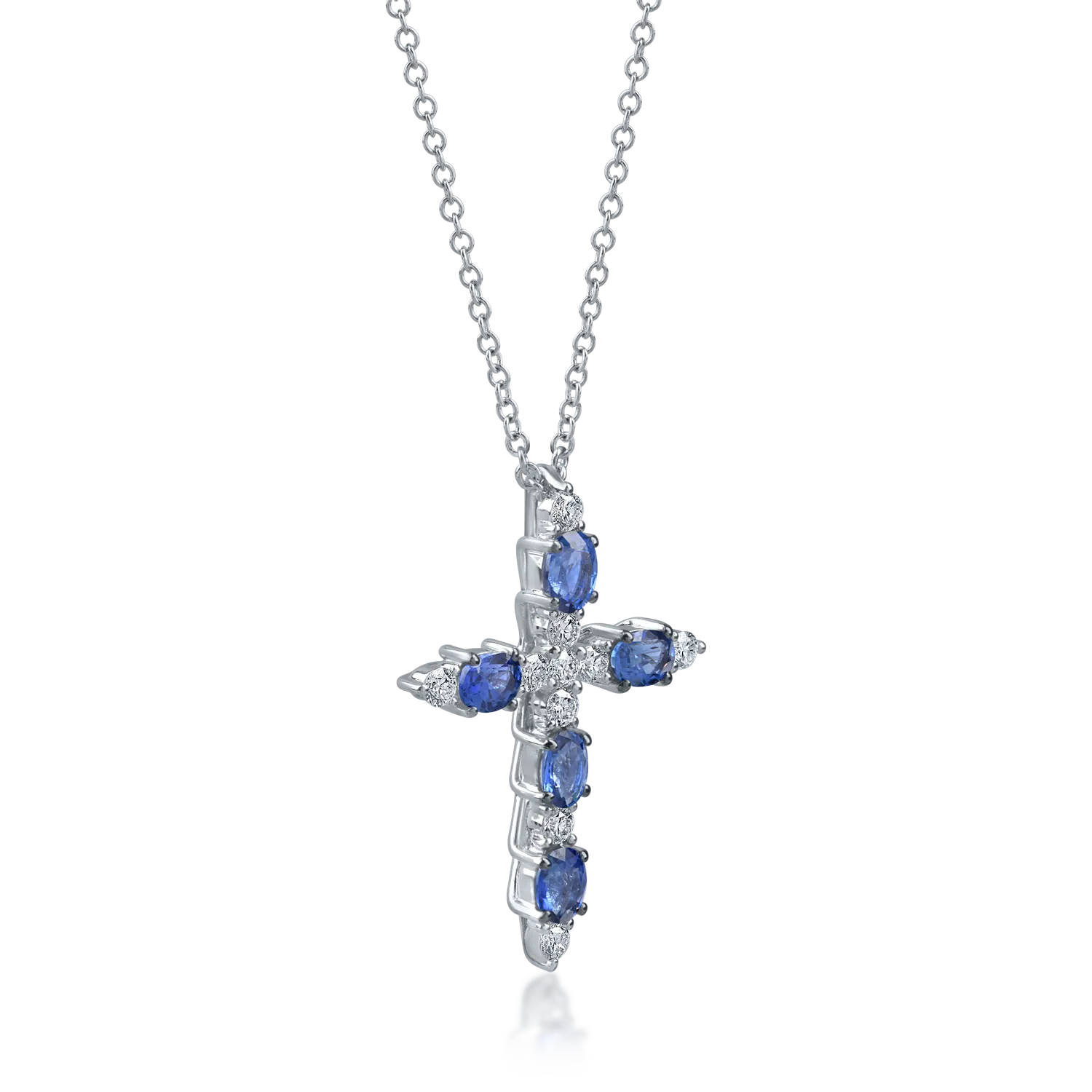 Lant cu pandantiv cruciulita din aur alb cu safiree de 1.1ct si diamante de 0.2ct