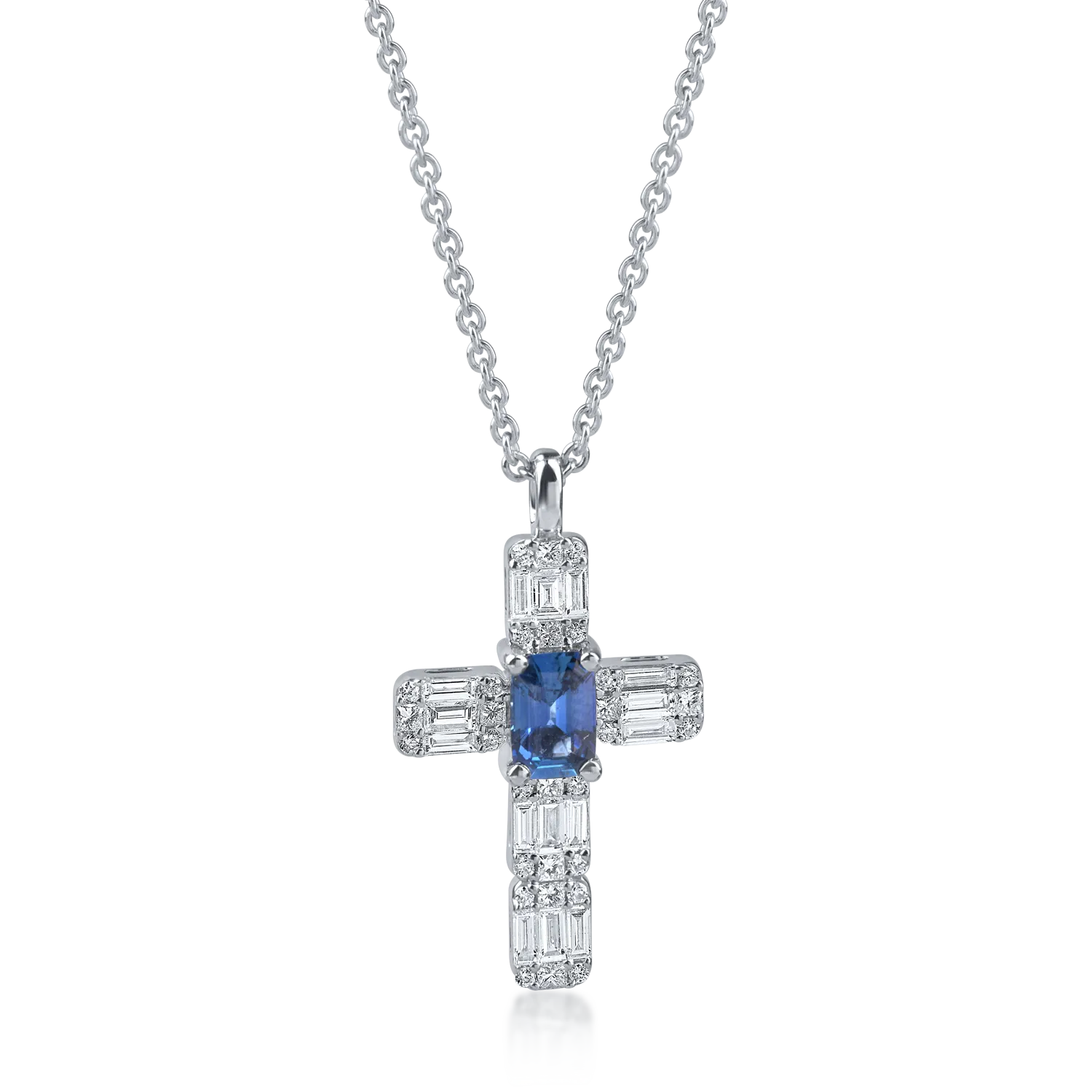 Lant cu pandantiv cruciulita din aur alb cu safire baguette de 0.6ct si diamante de 0.3ct