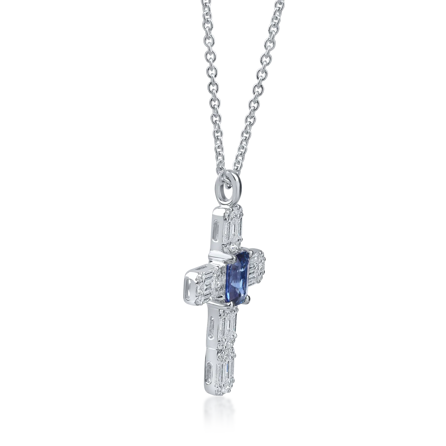 Колие с висулка с кръст от бяло злато с 0.6кт сапфири и 0.3кт диаманти