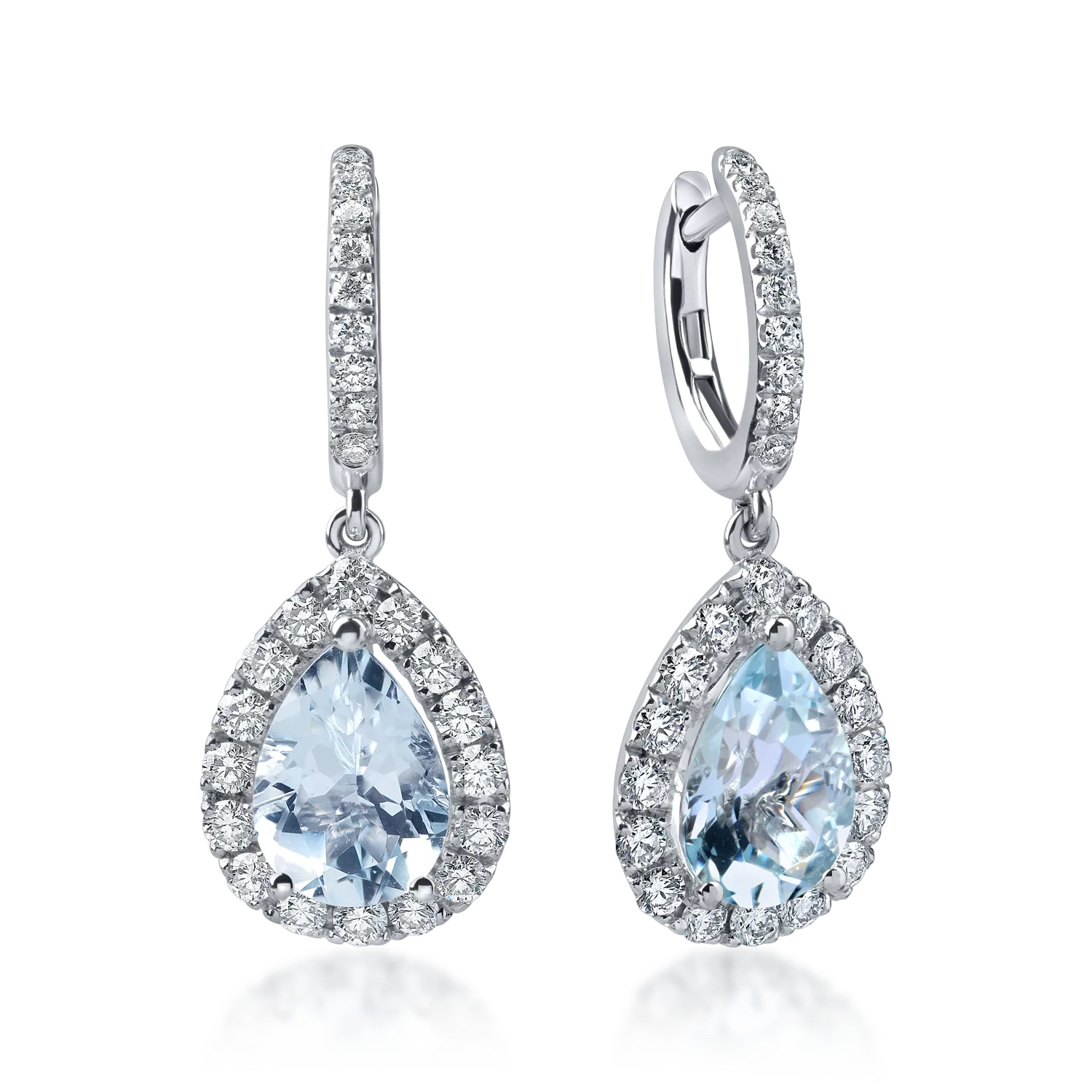 Cercei lacrima din aur alb cu acvamarine pear de 3.3ct si diamante de 1ct