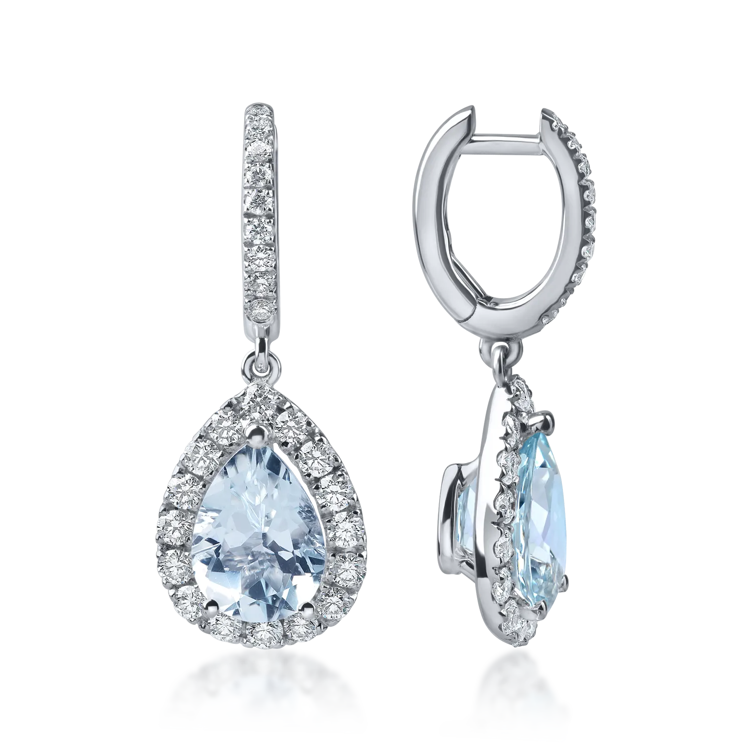 Fehérarany könnycsepp fülbevaló 3.3ct akvamarinokkal és 1ct gyémántokkal