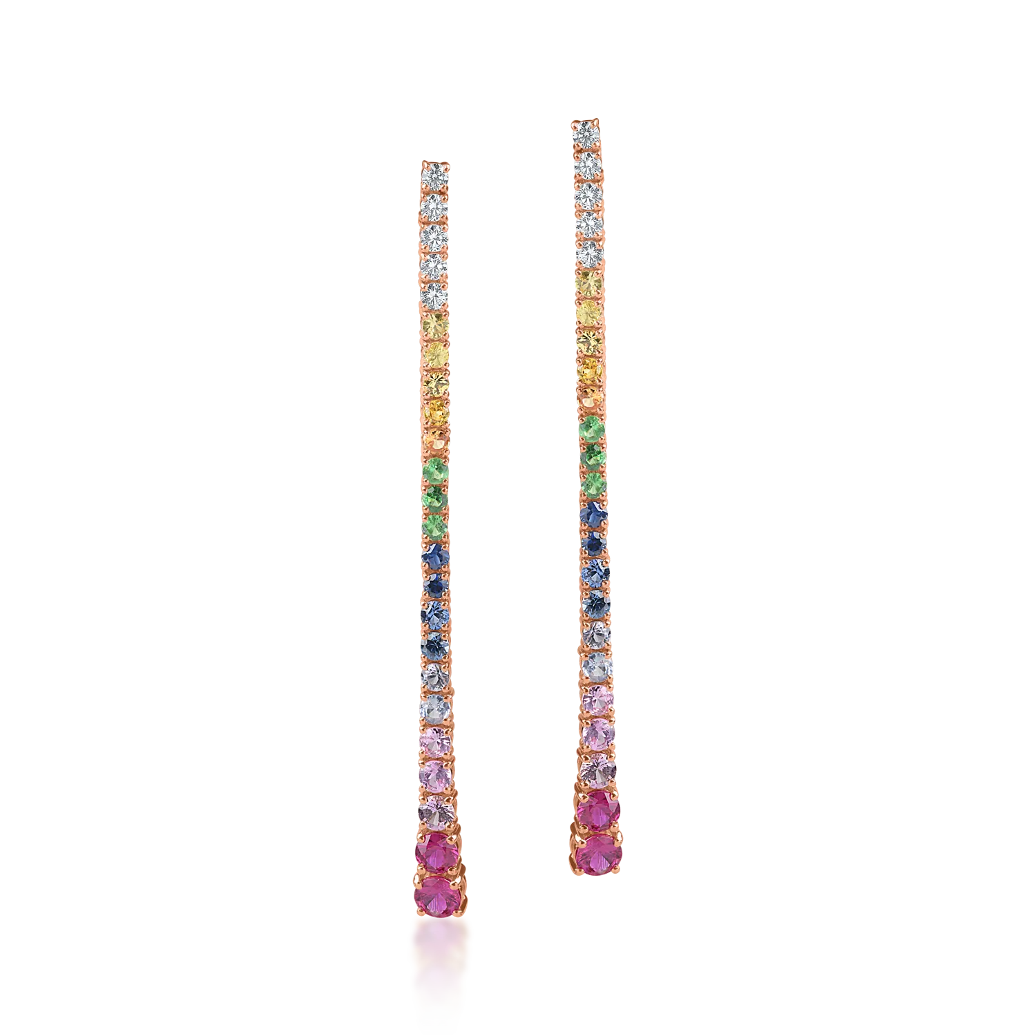 Cercei lungi din aur roz cu safire multicolore de 3ct si diamante de 0.3ct