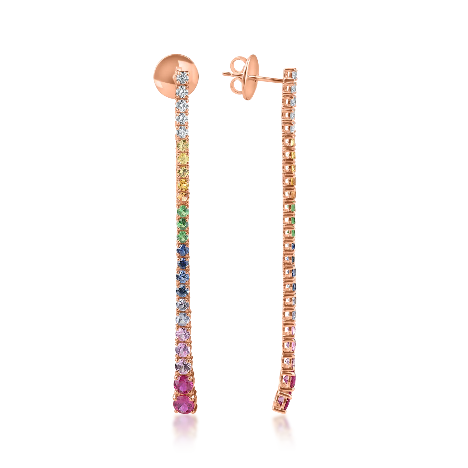 Cercei lungi din aur roz cu safire multicolore de 3ct si diamante de 0.3ct - imagine 3