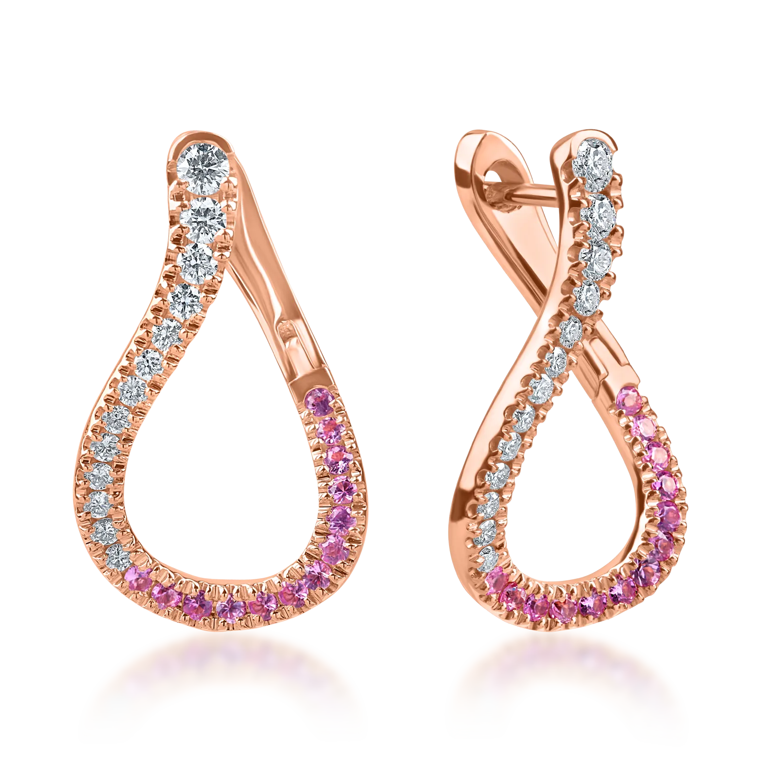 Cercei din aur roz cu safire roz de 0.3ct si diamante microsetting de 0.4ct