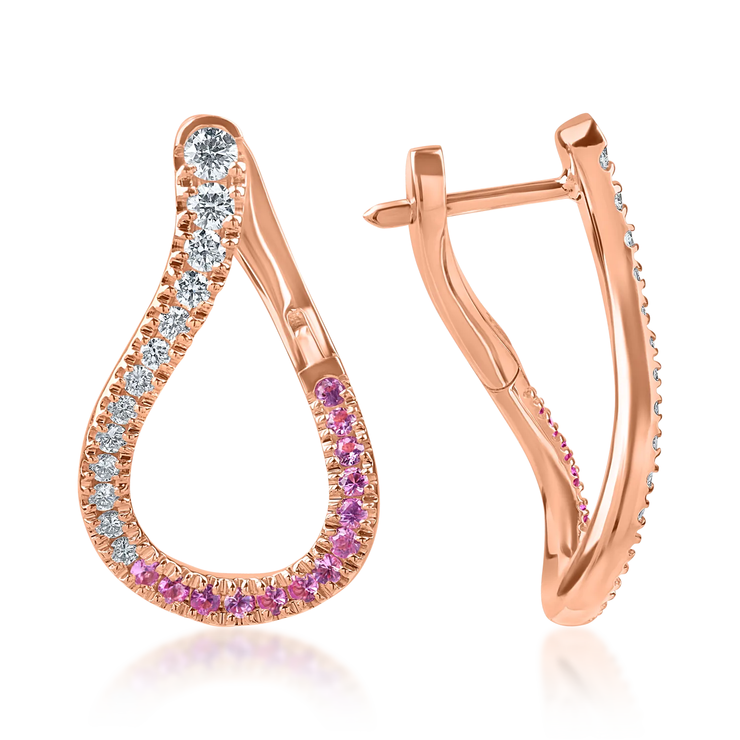 Cercei din aur roz cu safire roz de 0.3ct si diamante microsetting de 0.4ct