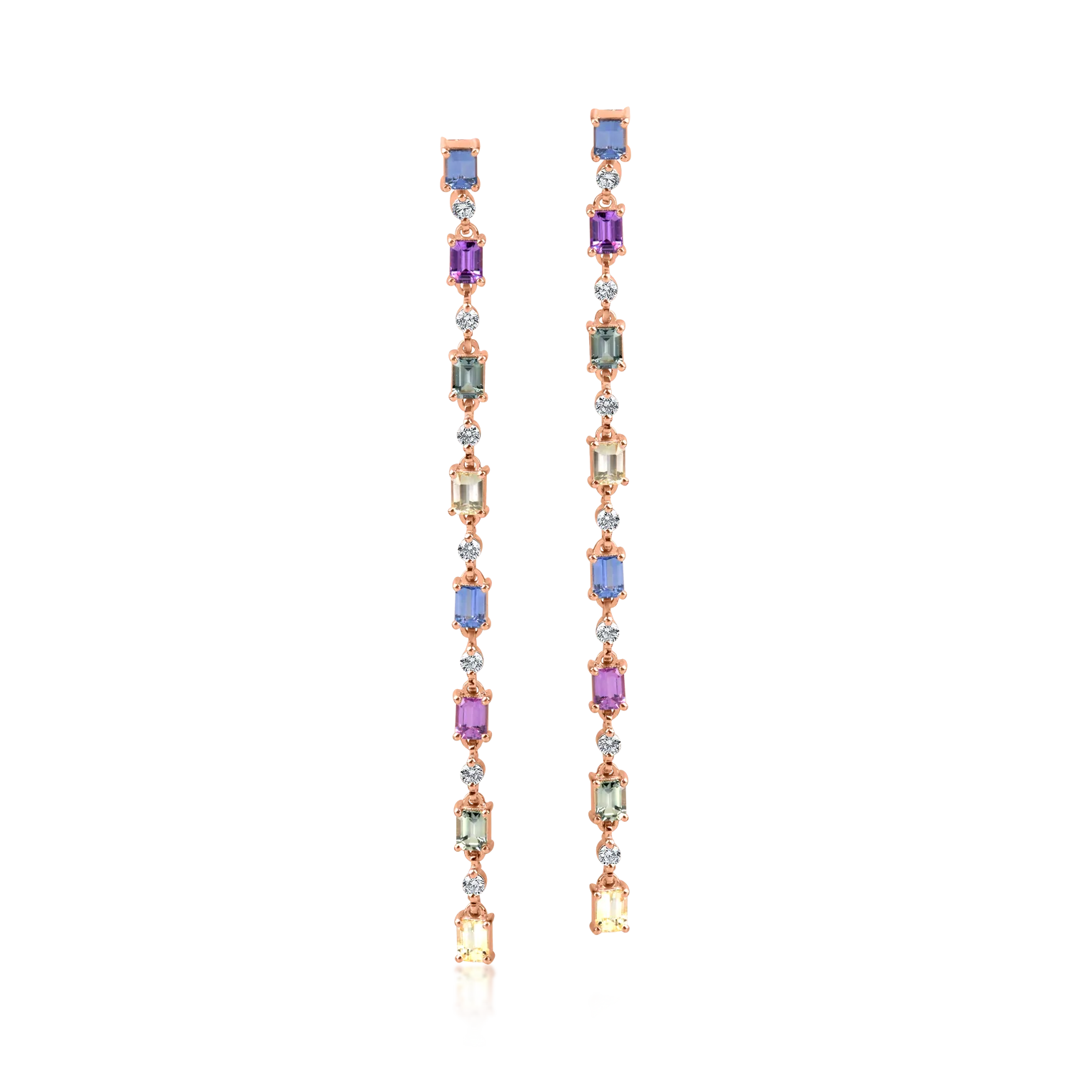 Cercei lungi din aur roz cu safire multicolore octogonale de 4.2ct si diamante de 0.5ct