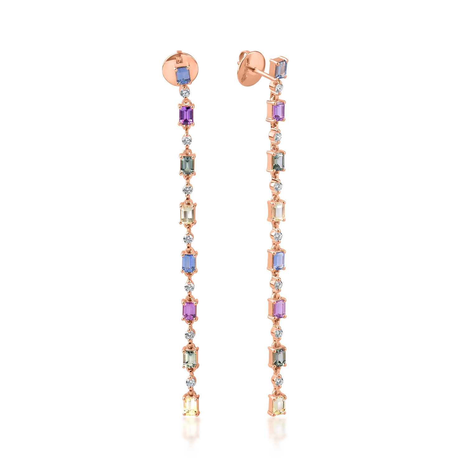 Cercei lungi din aur roz cu safire multicolore octogonale de 4.2ct si diamante de 0.5ct