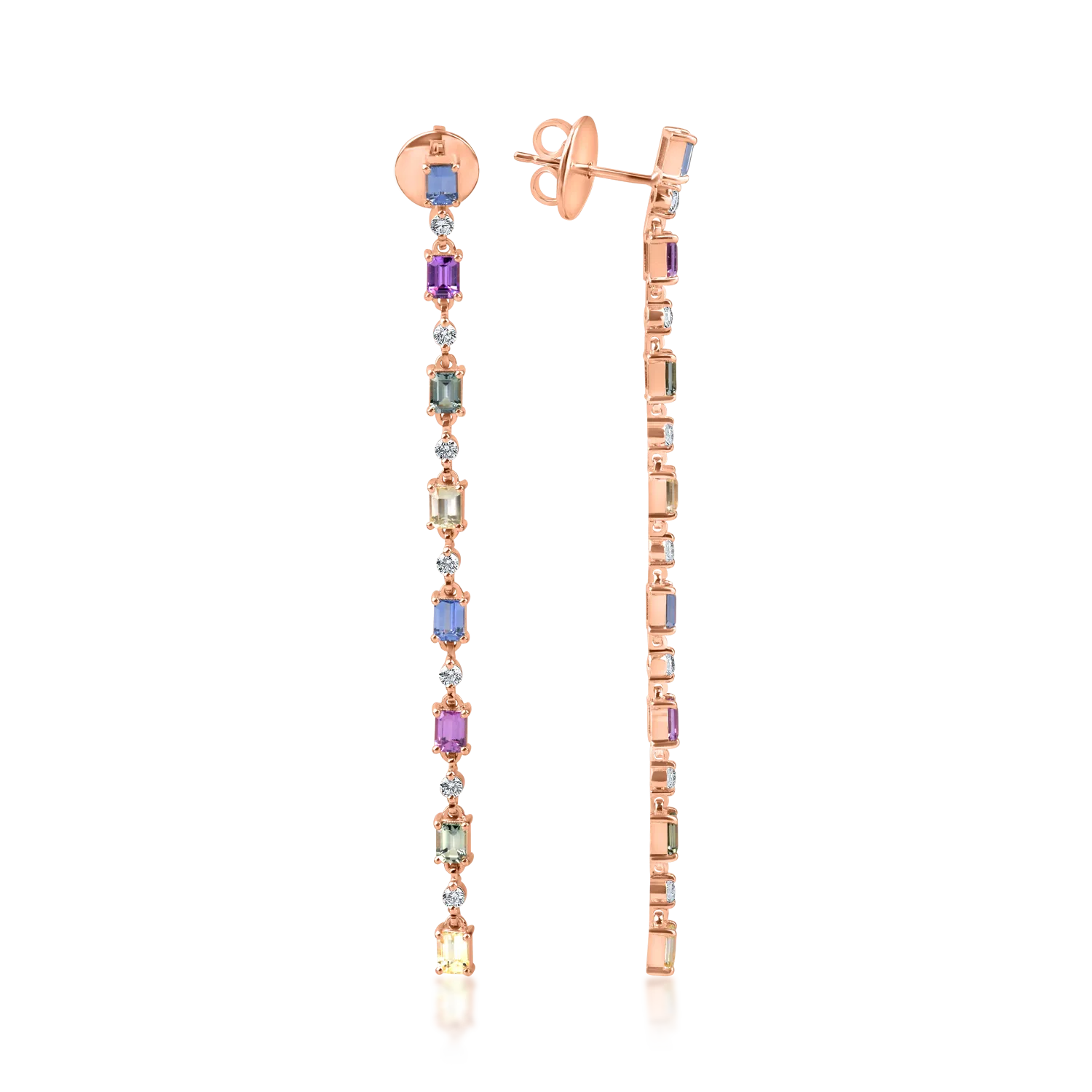 Cercei lungi din aur roz cu safire multicolore de 4.2ct si diamante de 0.5ct