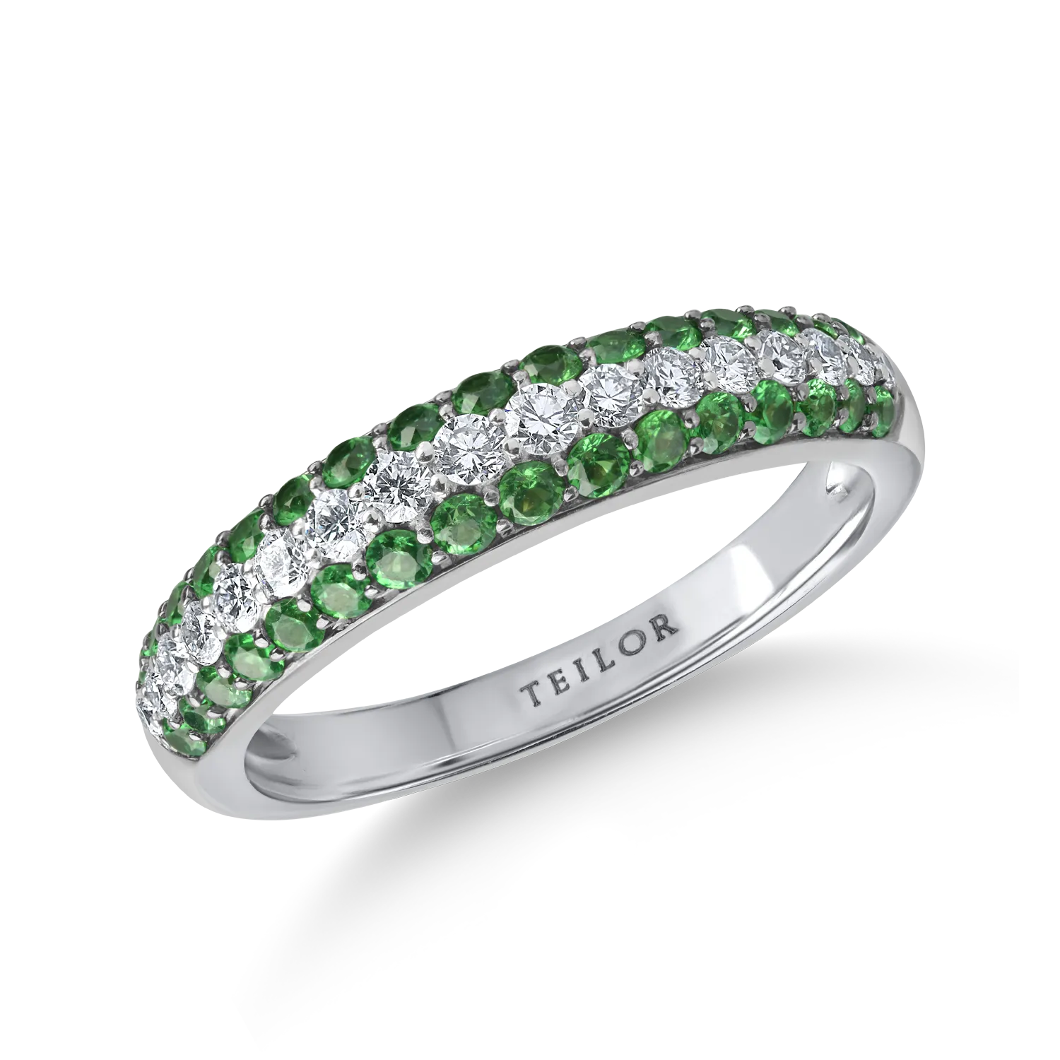 Inel semi eternity din aur alb cu diamante de 0.2ct si tsavorite de 0.4ct