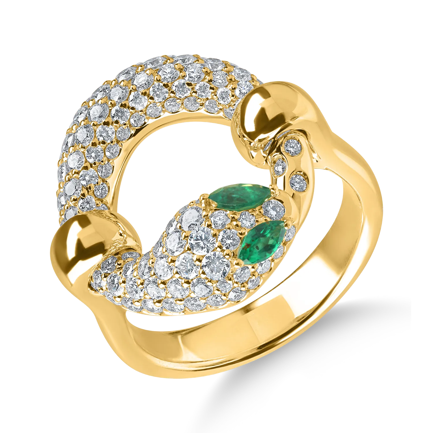 Inel sarpe din aur galben cu smaralde marquise de 0.1ct si diamante de 1.3ct