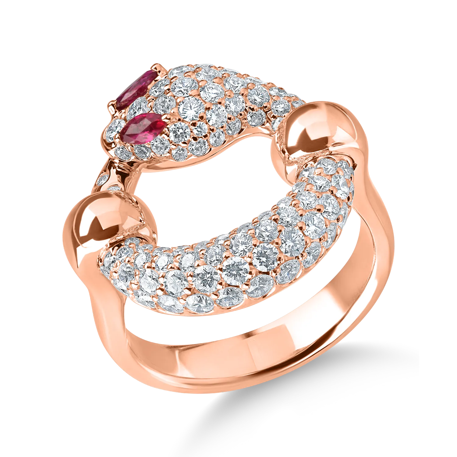 Inel sarpe din aur roz cu rubine de 0.1ct si diamante de 1.3ct